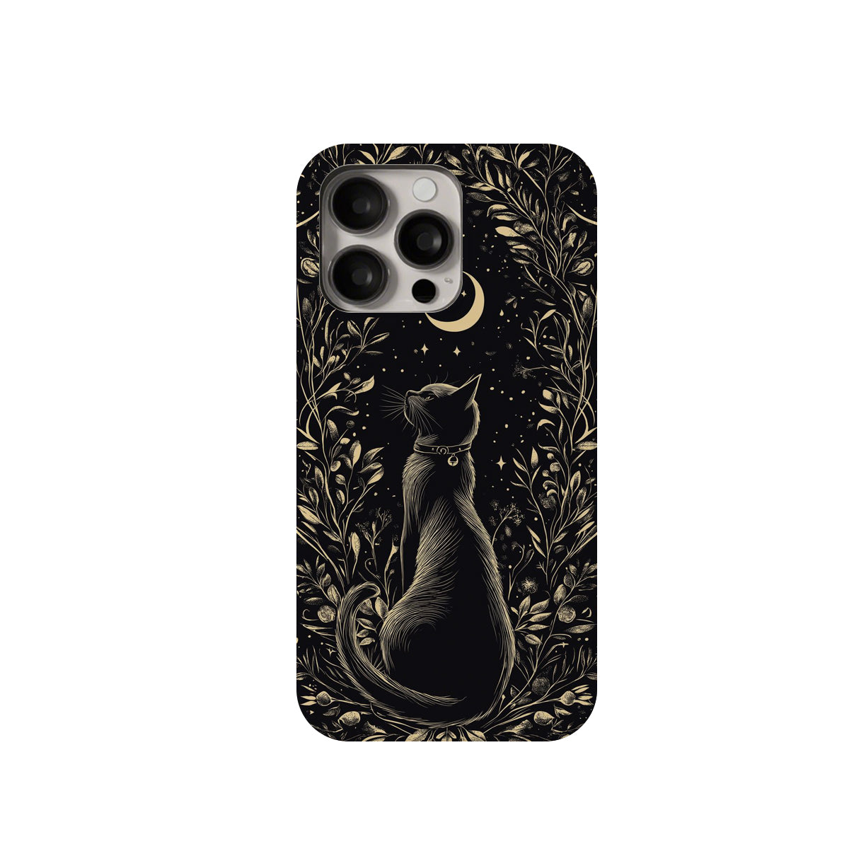 Phone case with a black cat design on a white background