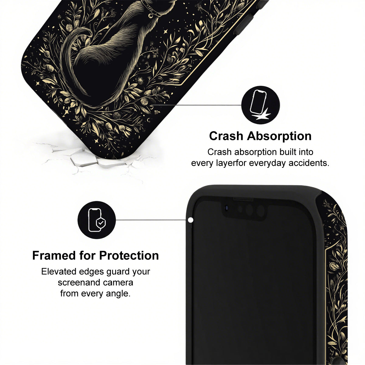 Phone case with floral design and text highlighting crash absorption and protection features.