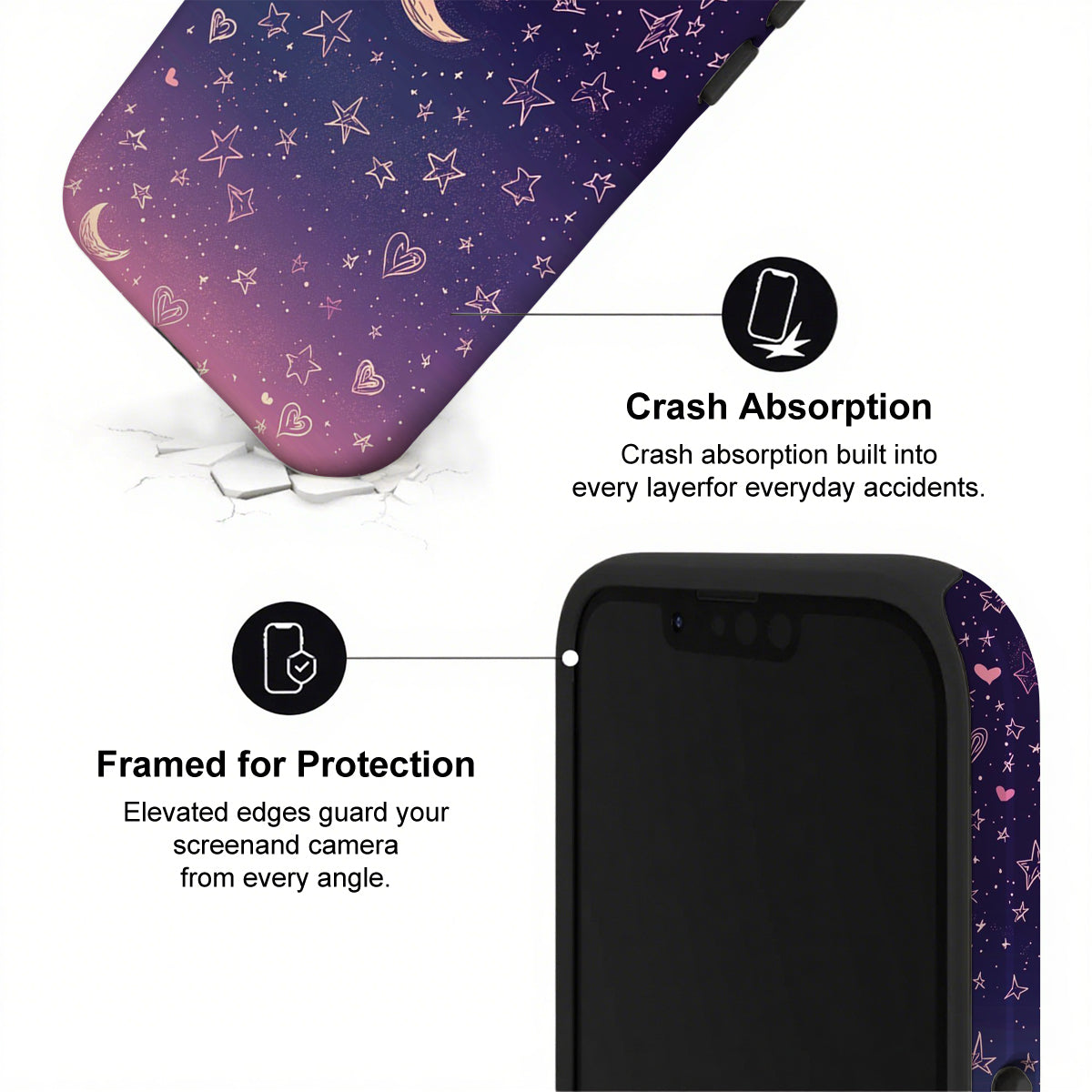Phone case with star and moon pattern and text about crash absorption and protection.