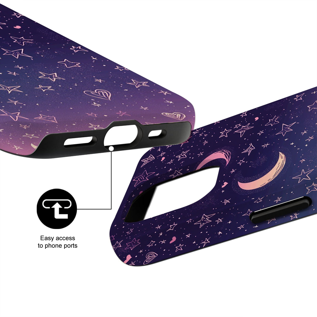 Purple phone case with star and moon pattern on a white background