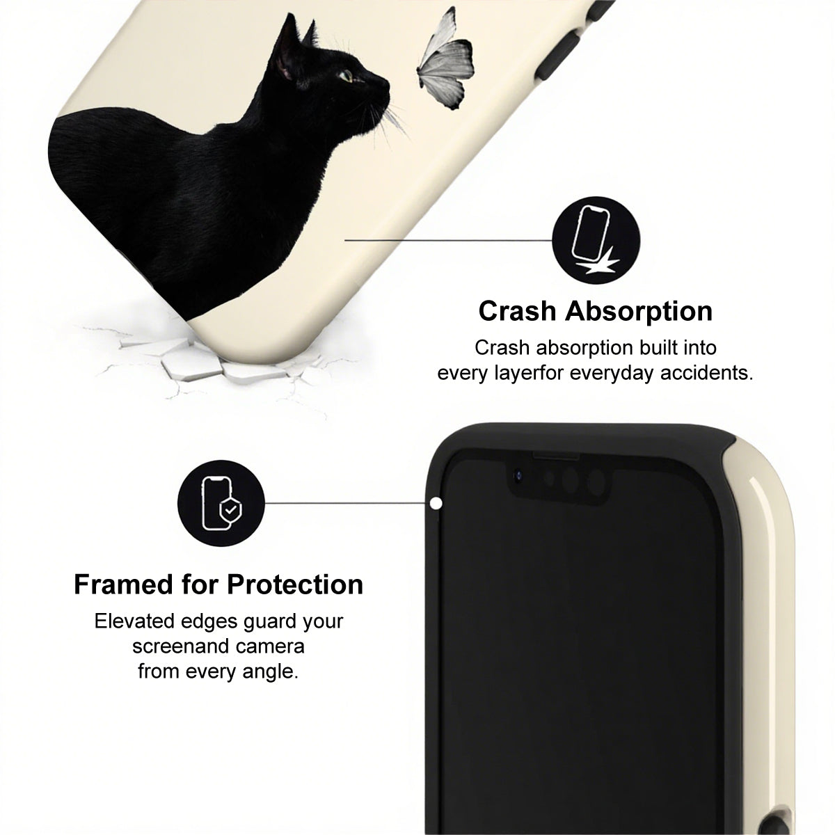 Phone case with black cat design and text highlighting crash absorption and protection features.