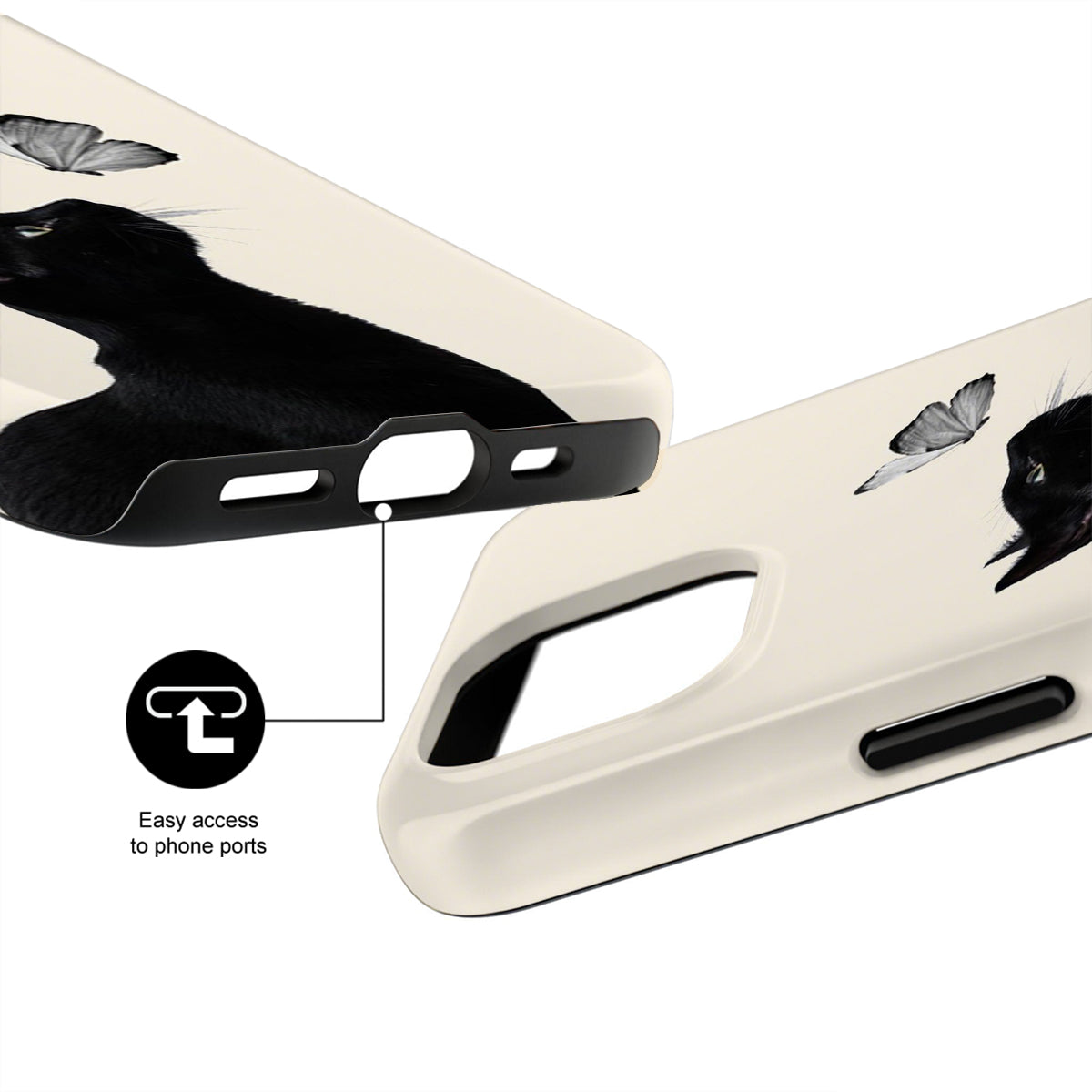 Phone case with black panther design and butterfly, showing ease of access to phone ports.