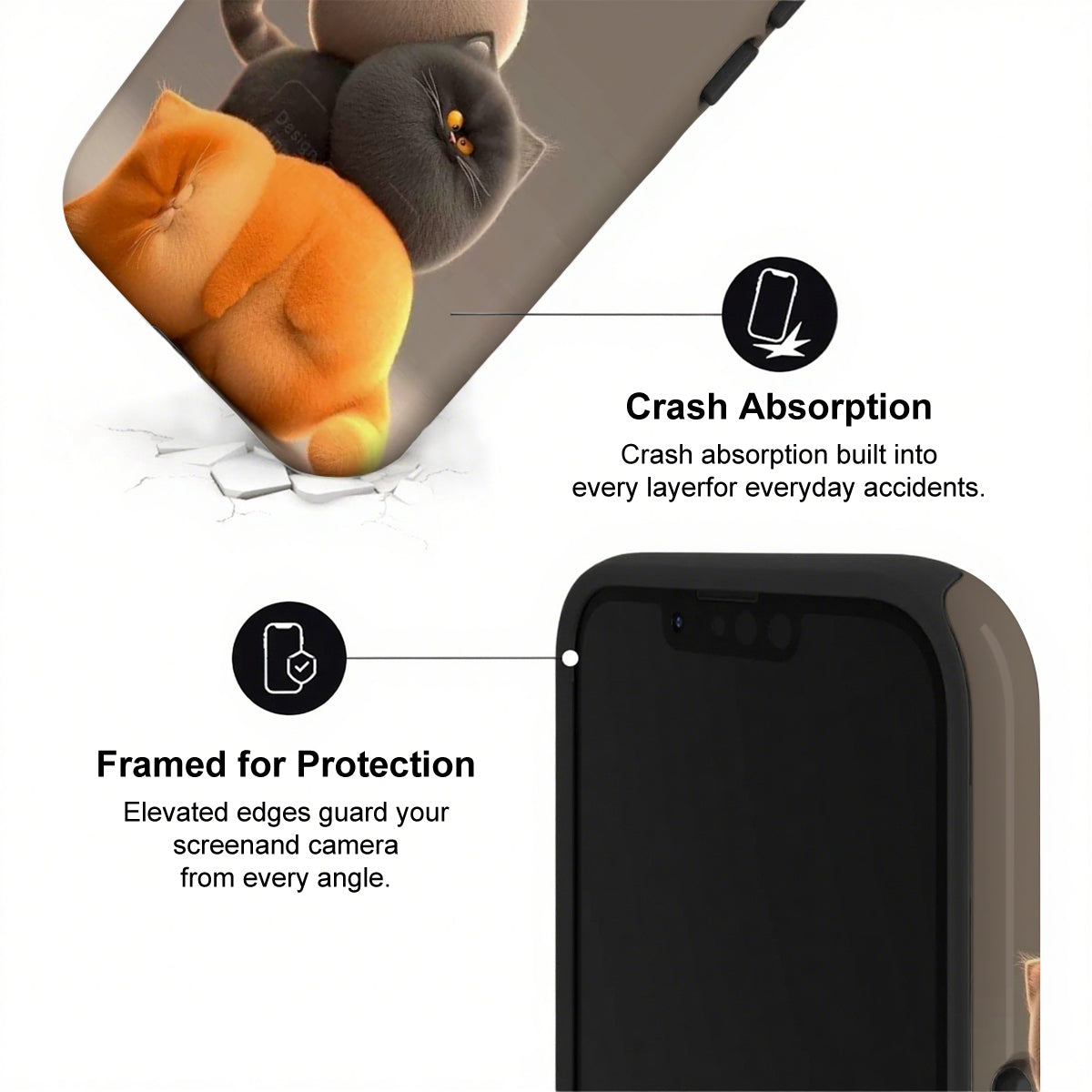 Phone case with crash absorption and framed protection features on a white background