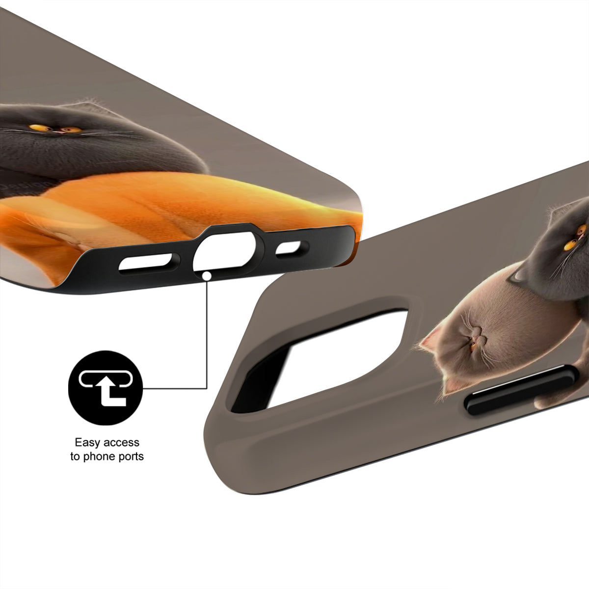 Phone case with cat design and text 'Easy access to phone ports' on a white background