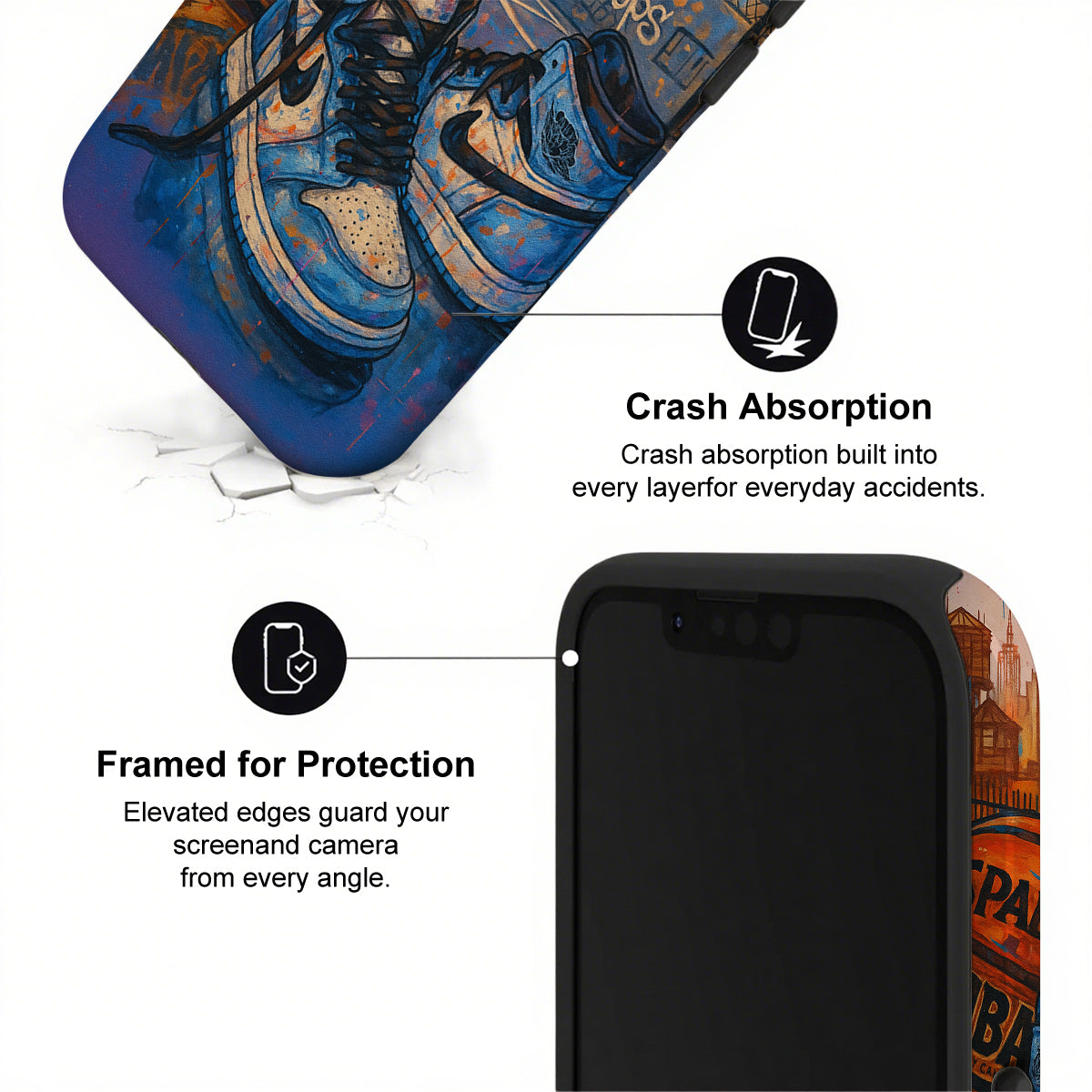 Phone case with crash absorption and protection features, featuring a shoe design on a white background.