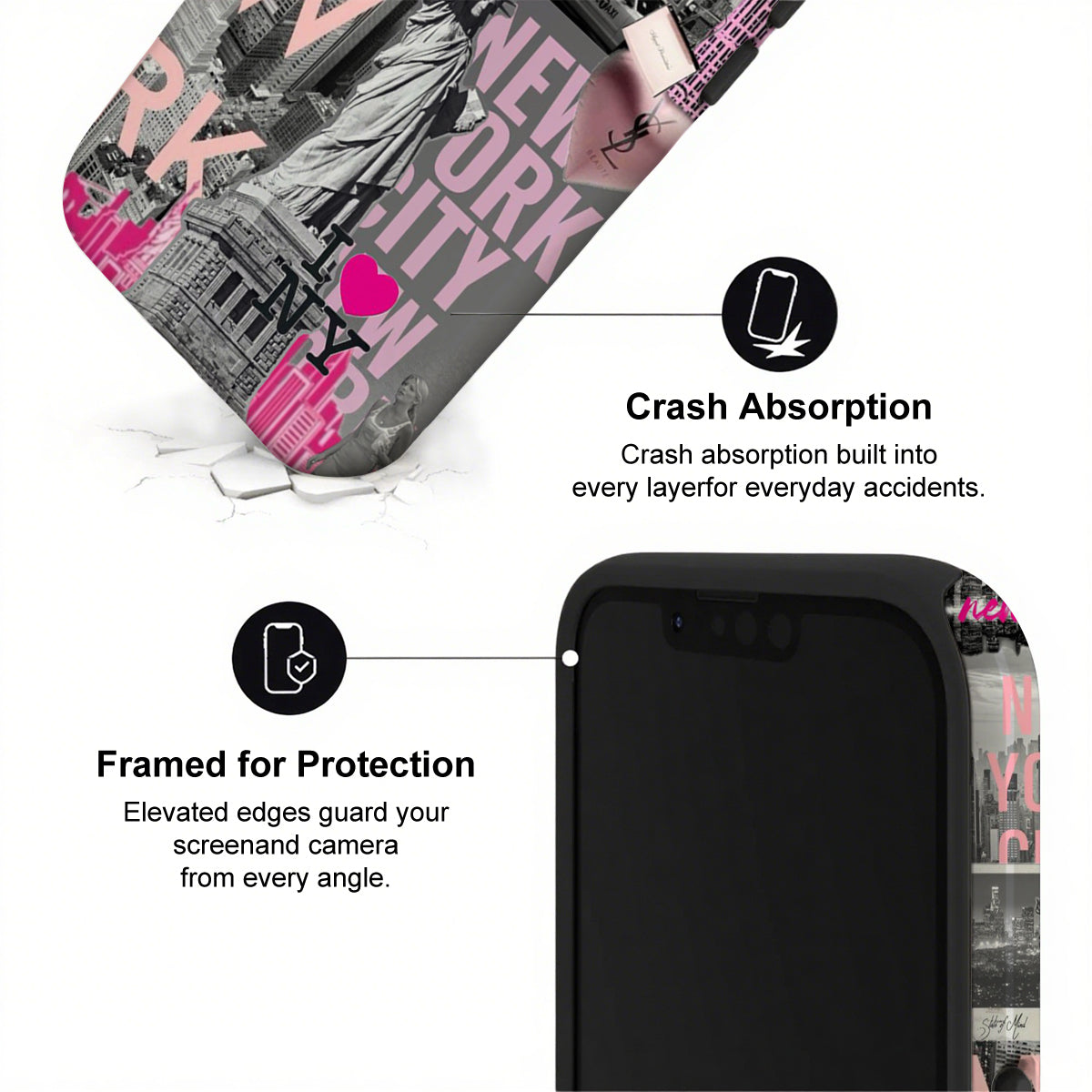 Phone case with 'New York City' design and text about crash absorption and screen protection.