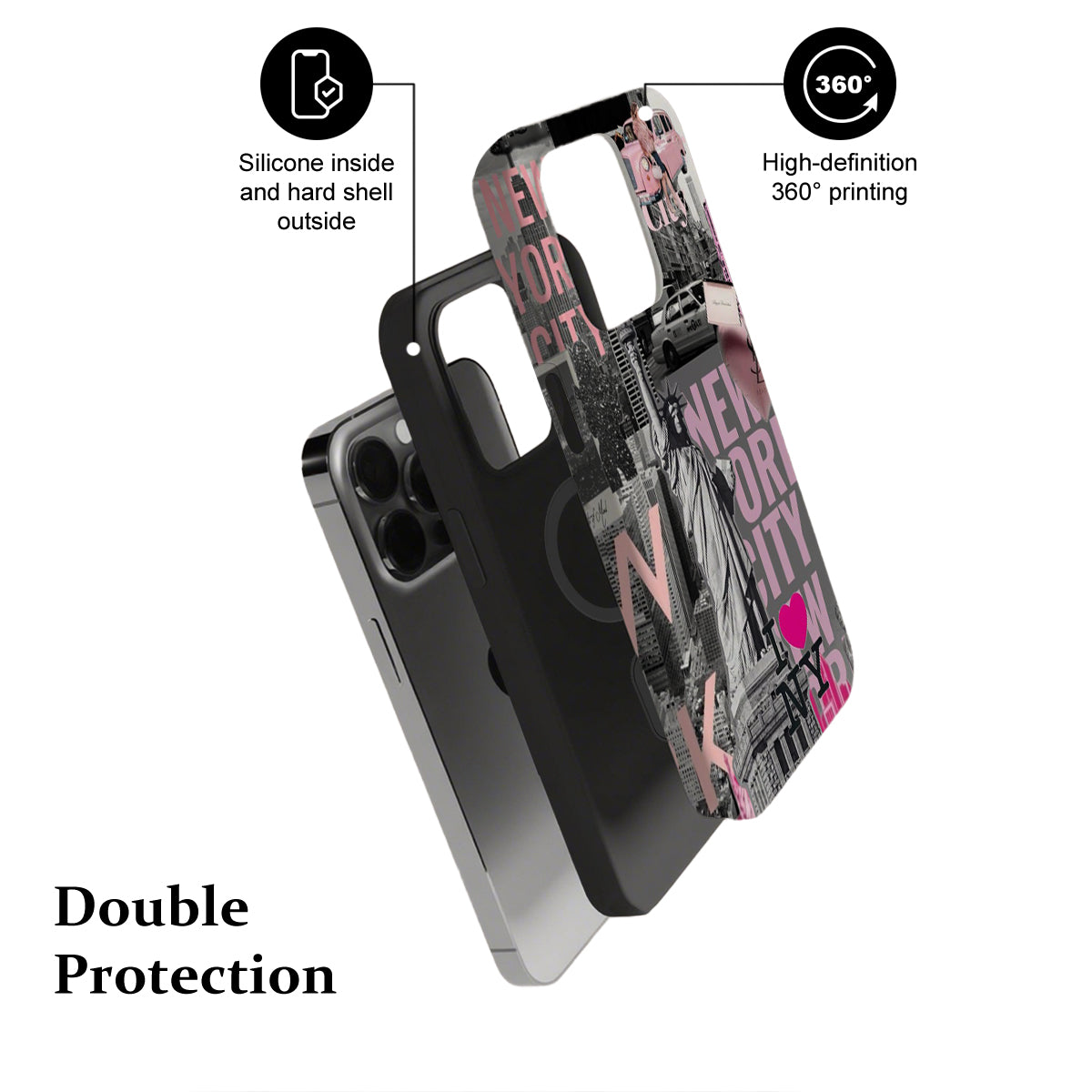 Phone case with New York City design and text on a white background