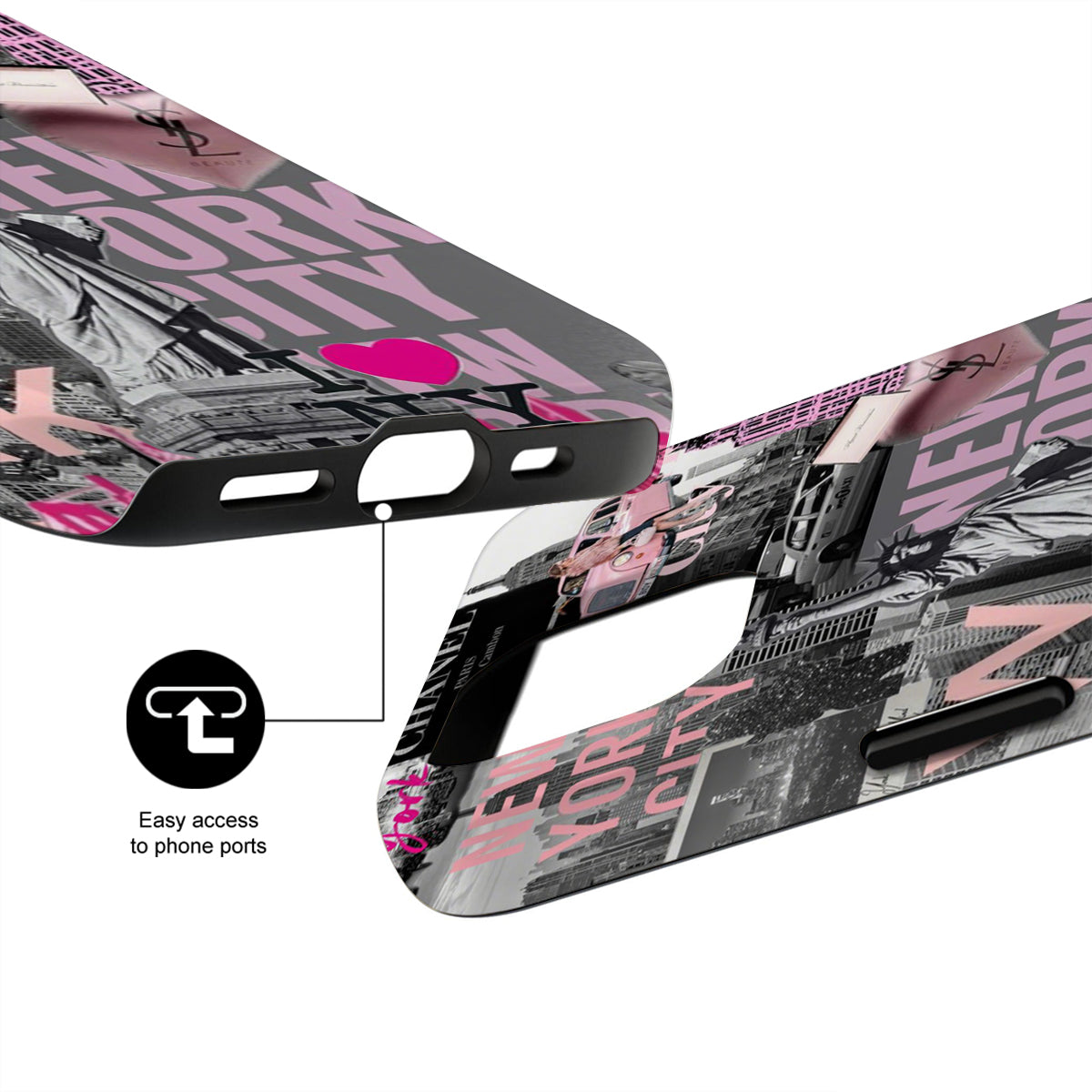 Phone case with New York City design and text, showing ease of access to ports.