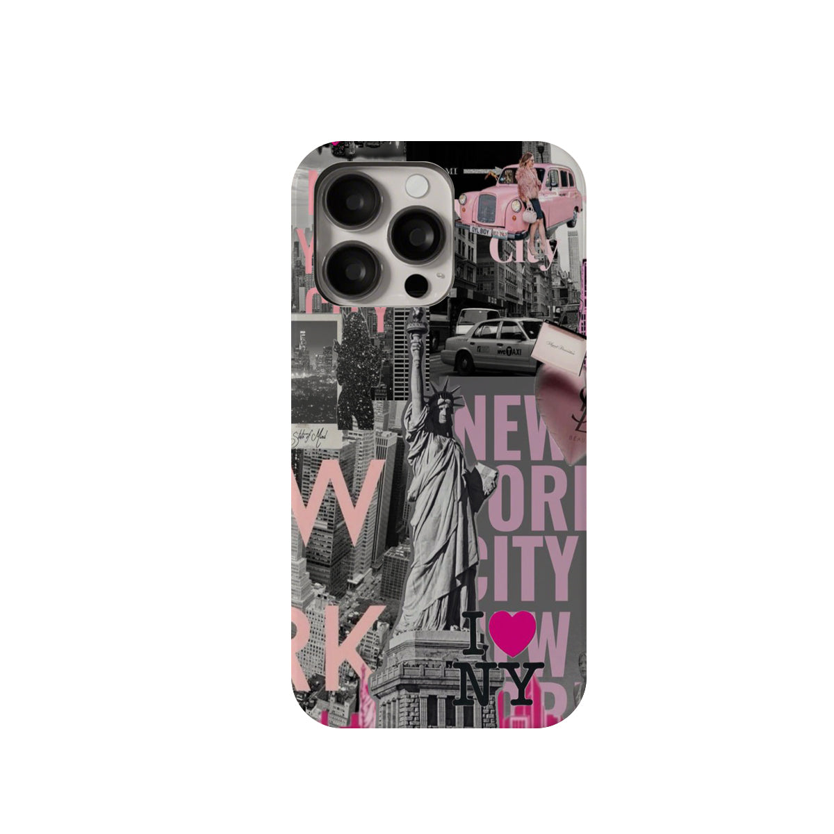 Phone case with New York City design featuring the Statue of Liberty and text.