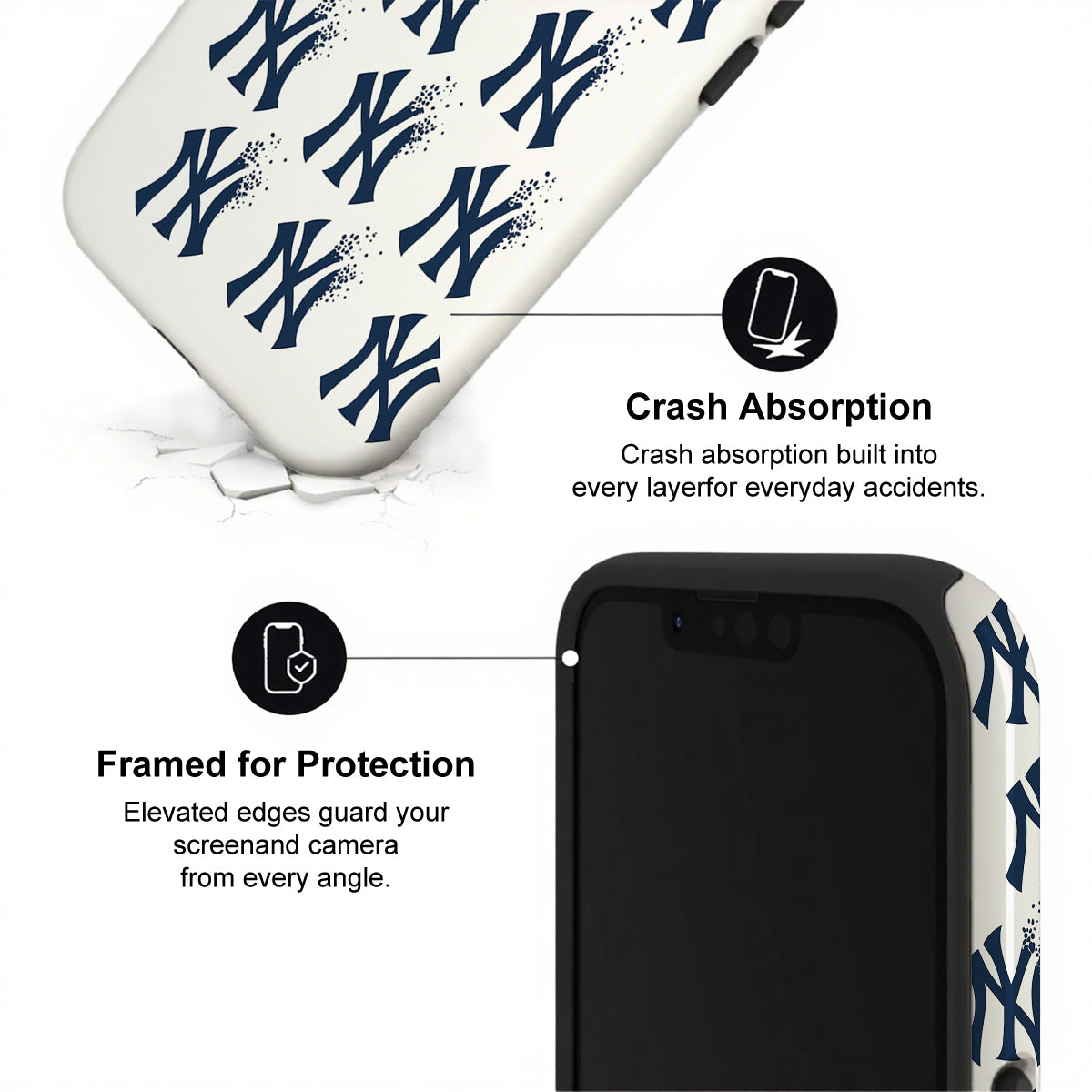 Phone case with New York Yankees logo and text about crash absorption and screen protection.