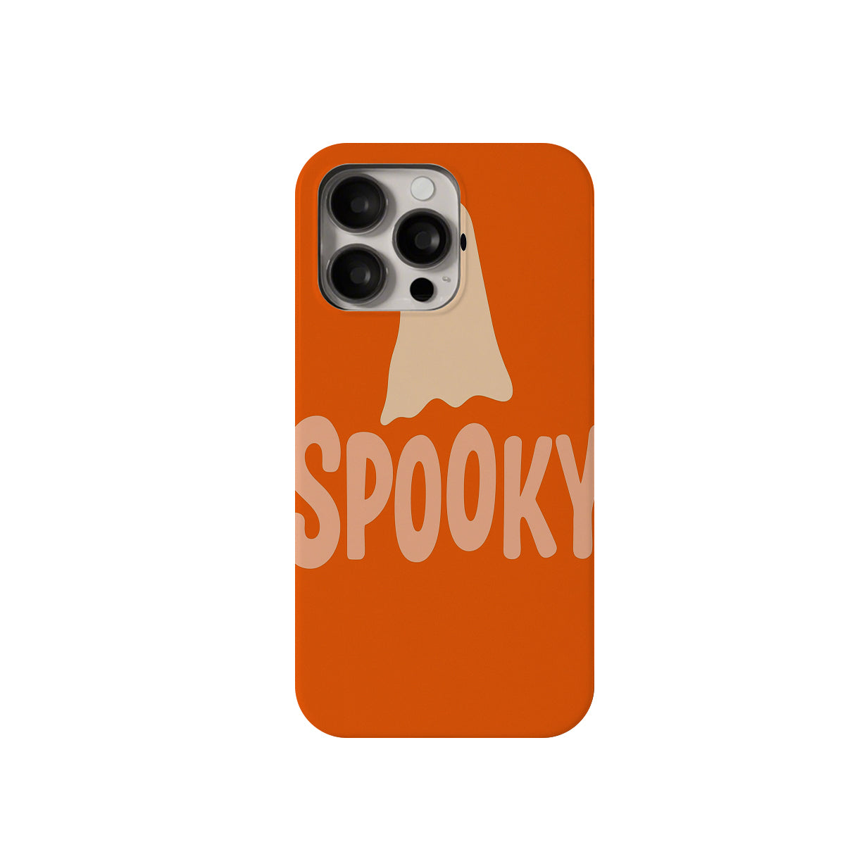 Phone case with ghost design and 'SPOKKY' text on an orange background