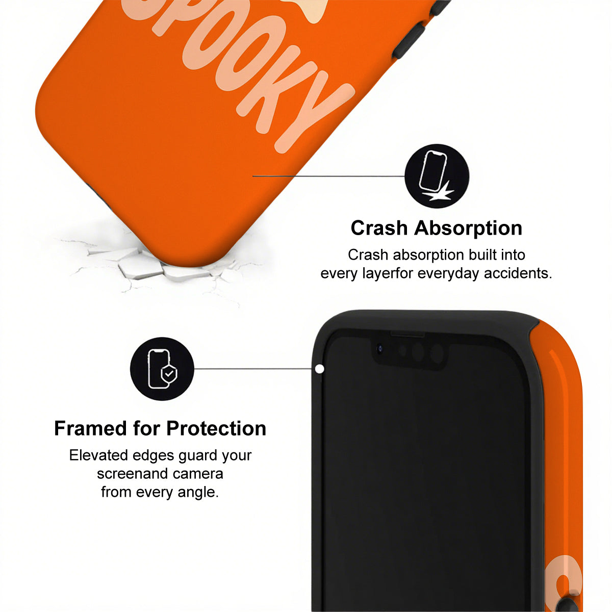 Orange phone case with 'Spooky' text and features highlighted on a white background