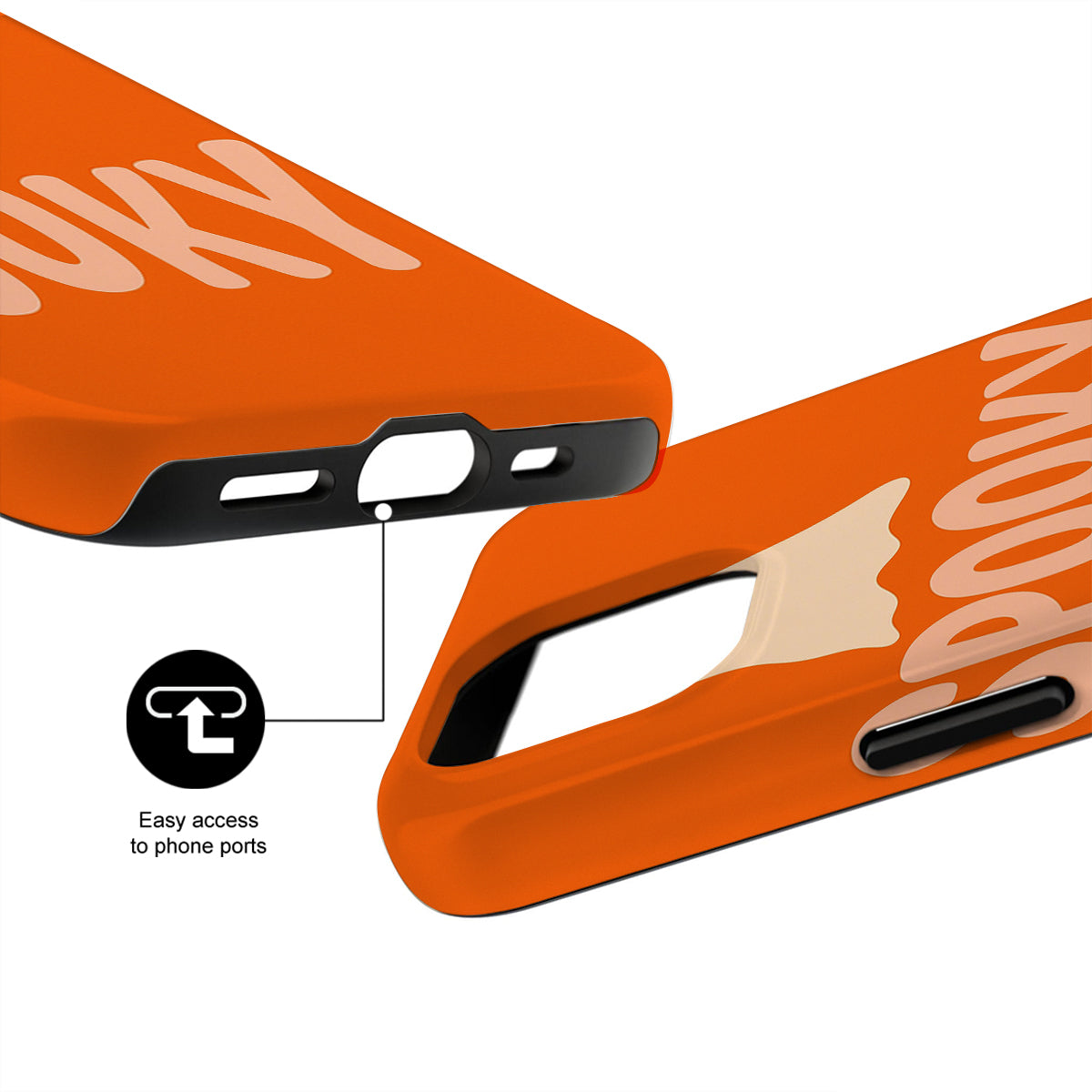 Orange phone case with brand name and port accessibility features on a white background