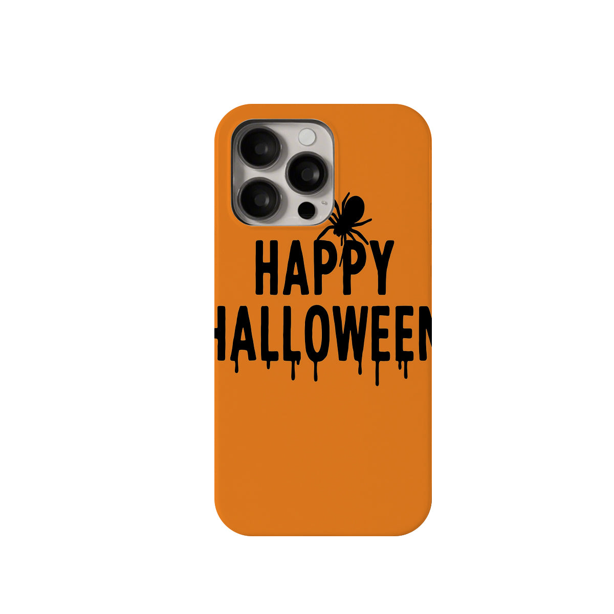 Orange phone case with 'Happy Halloween' text and spider design on a white background