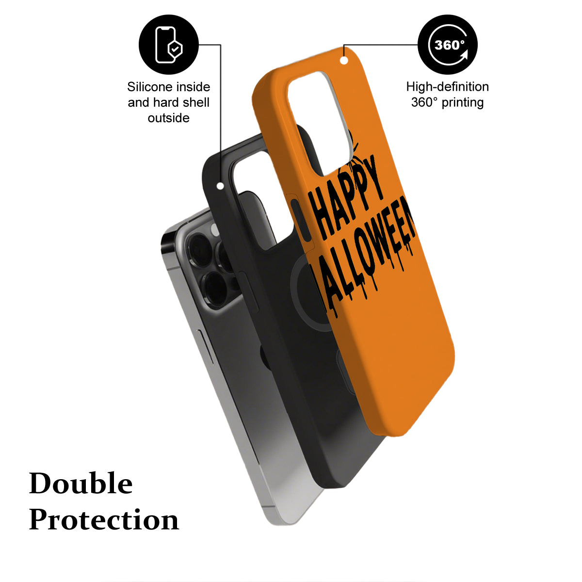 Three phone cases in orange, black, and gray with text and design elements on a white background.