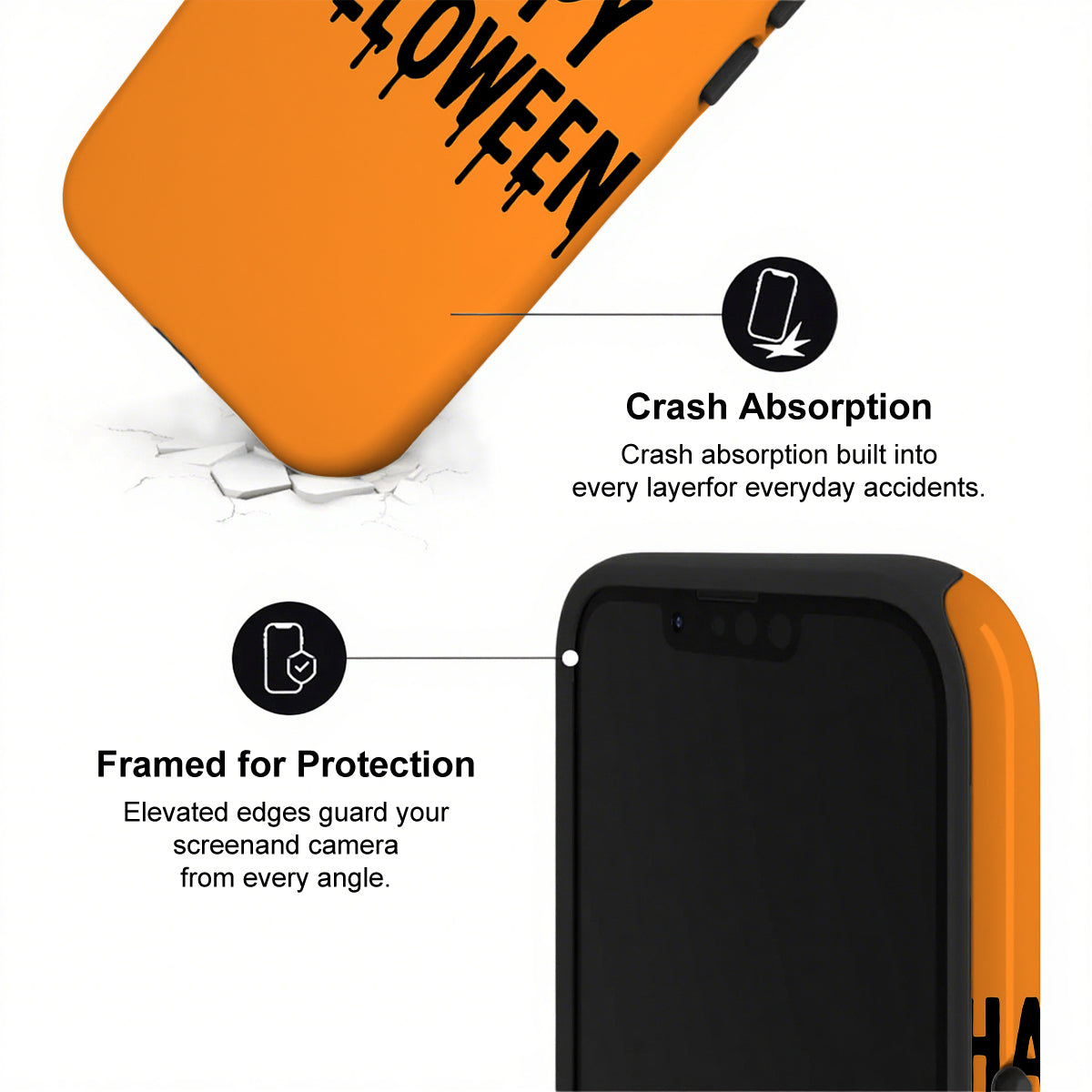 Orange phone case with 'Happy Halloween' text and features highlighted on a white background
