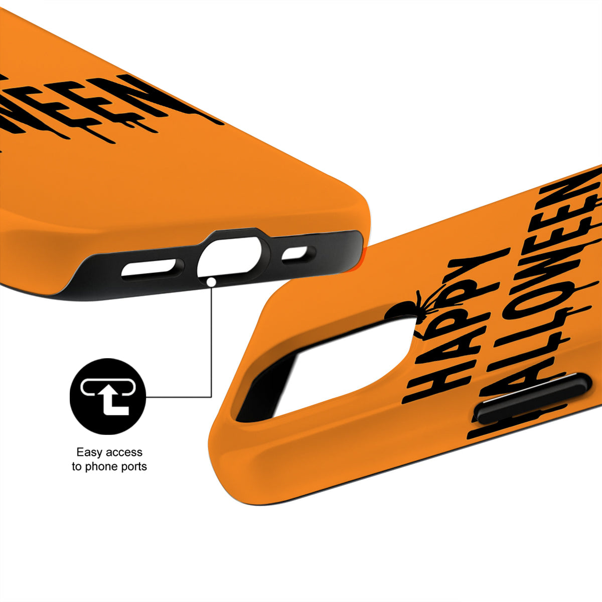 Orange phone case with 'Happy Halloween' text and spider design on a white background