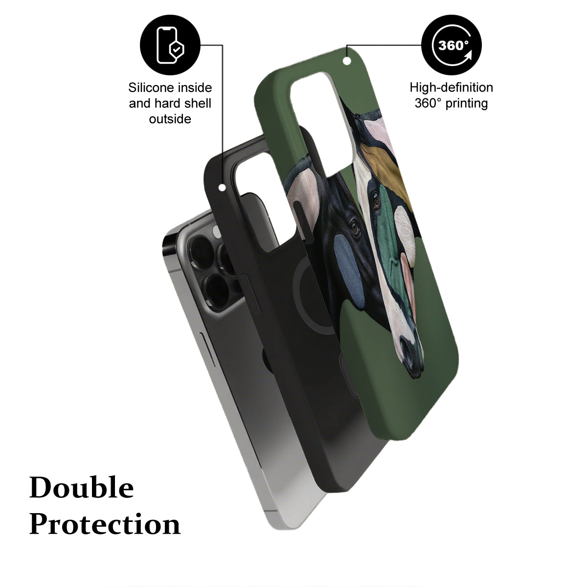 Phone case with green and black design, featuring text on features and protection.