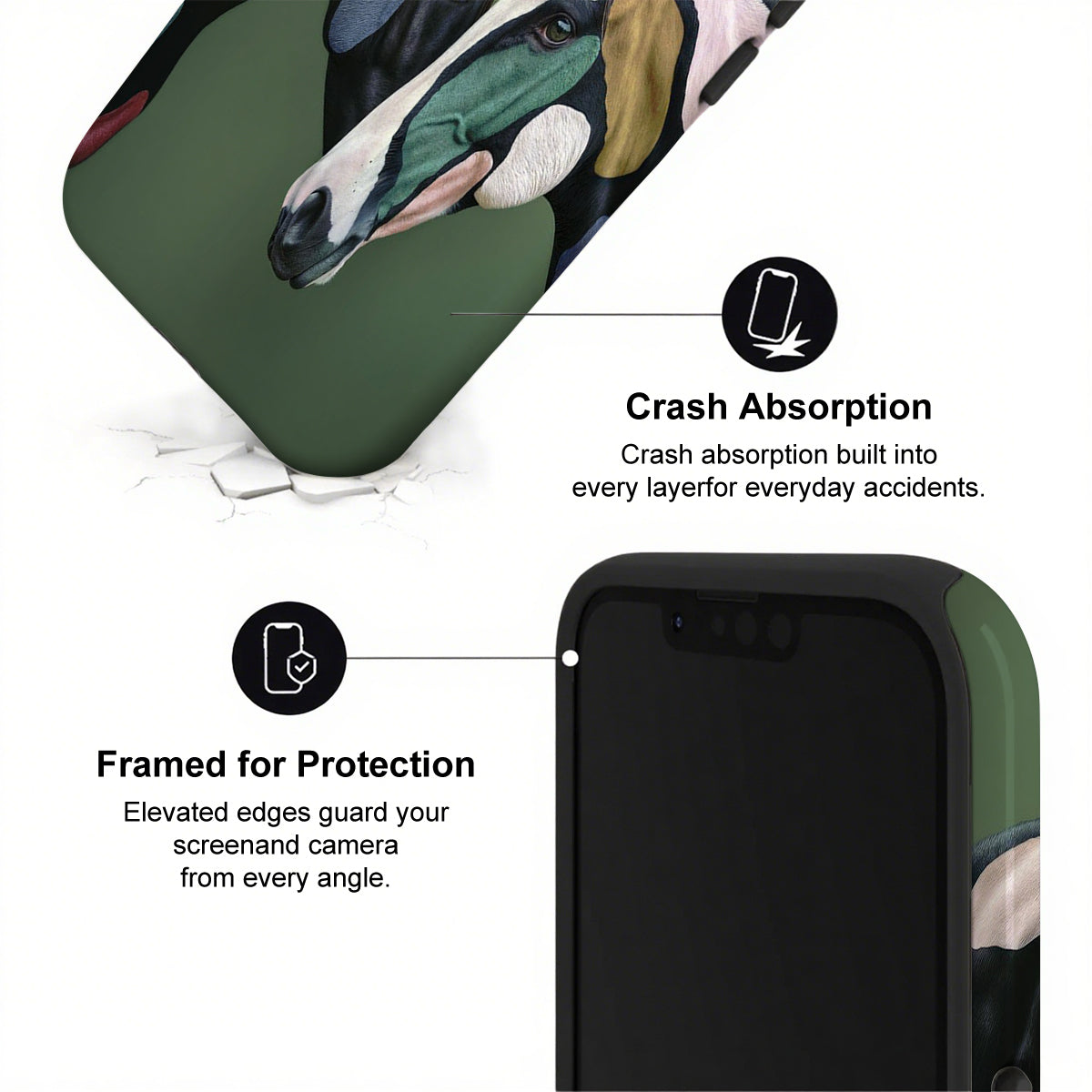 Phone case with animal design and text about crash absorption and protection