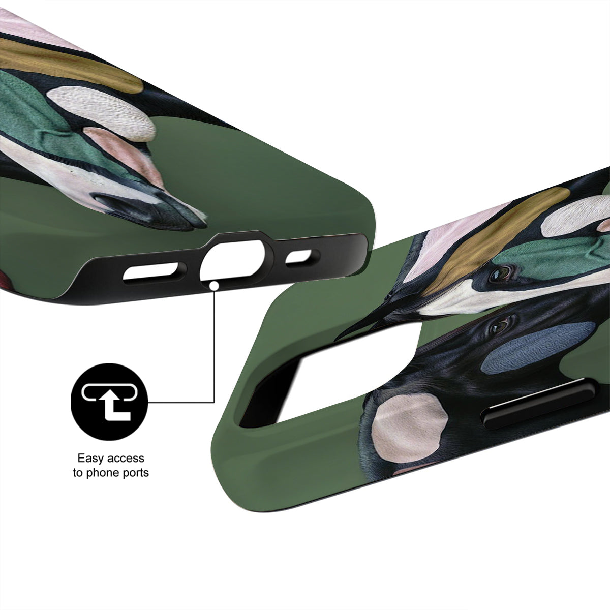 Phone case with nature design and text 'Easy access to phone ports' on a white background