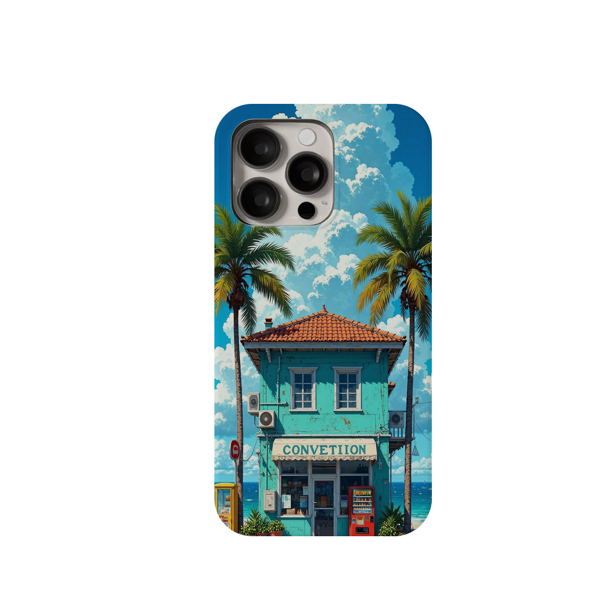 Phone case with a tropical building and palm trees design on a white background
