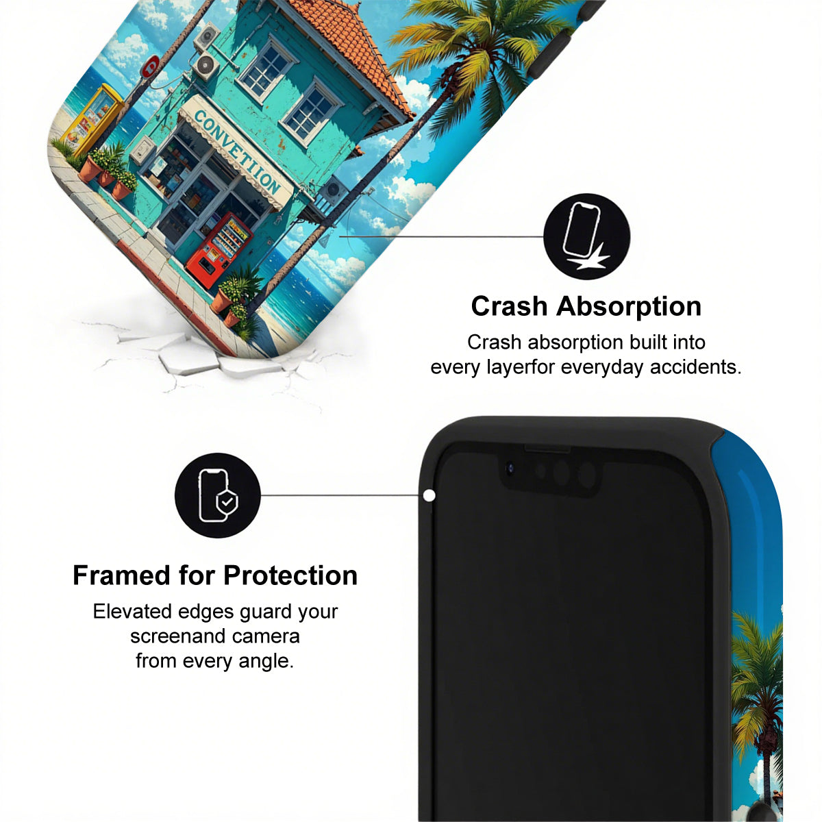 Phone case with tropical design and text about crash absorption and protection