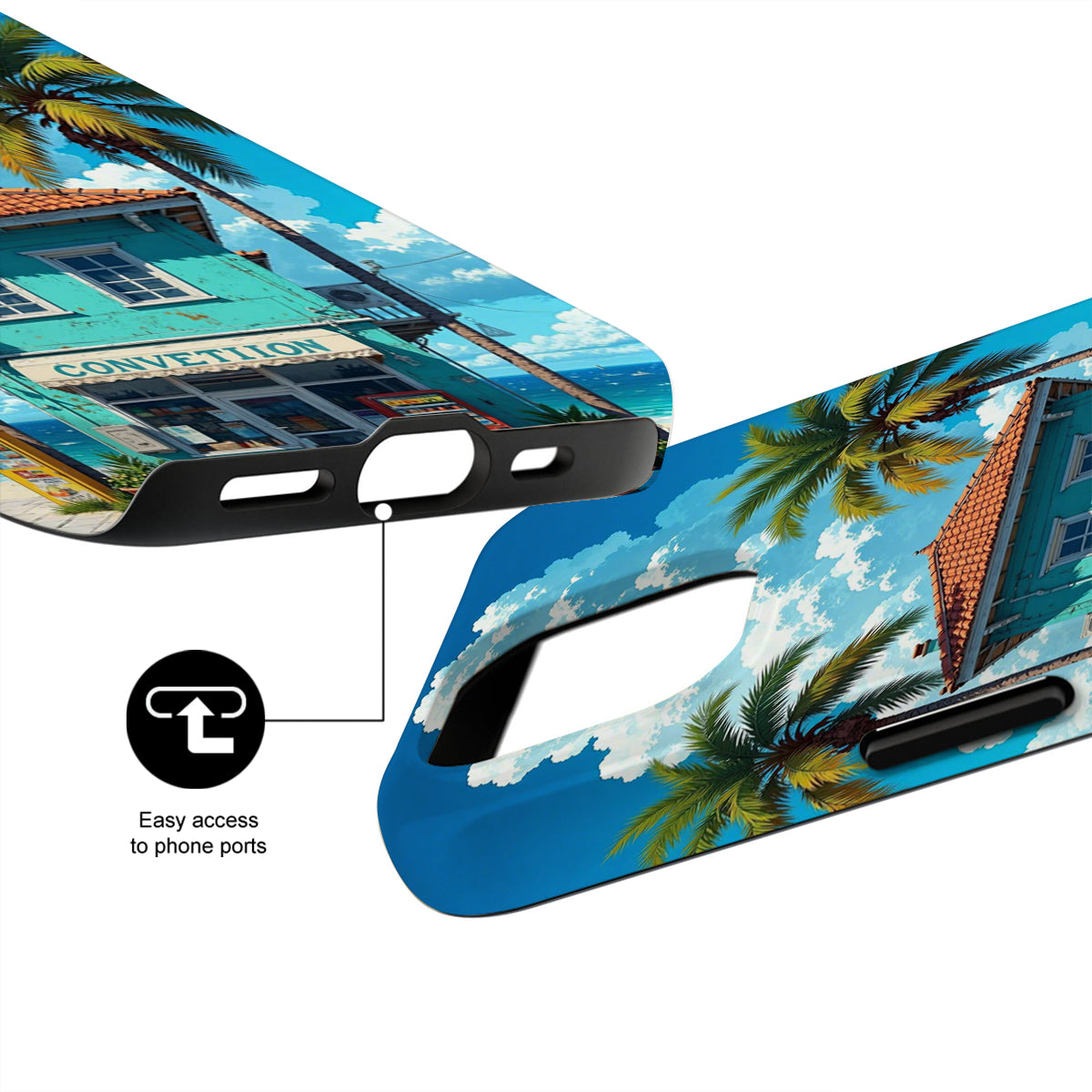 Phone case with tropical design featuring a building and palm trees, showing ease of access to phone ports.
