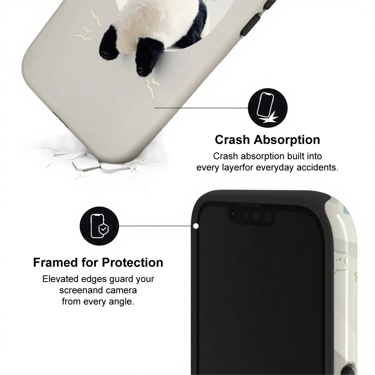 Phone case with crash absorption and protection features on a white background