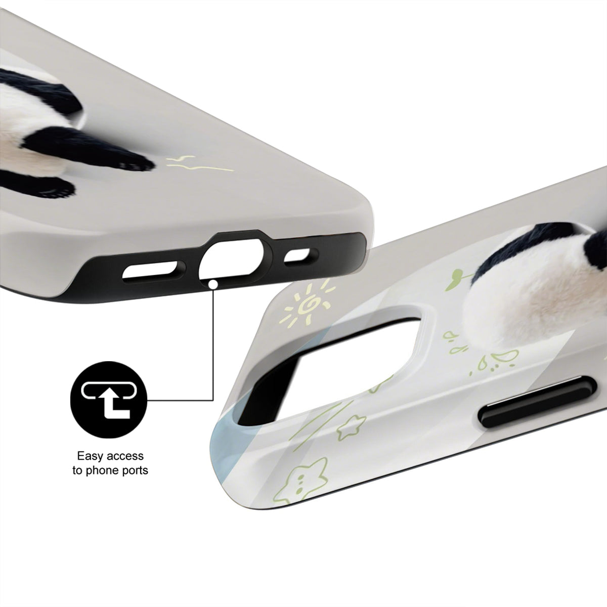 Phone case with panda design and text 'Easy access to phone ports' on a white background
