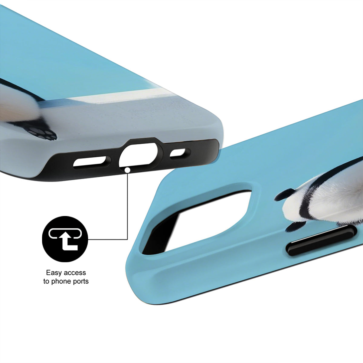 Phone case with design of a dog and cat, showing ease of access to phone ports.