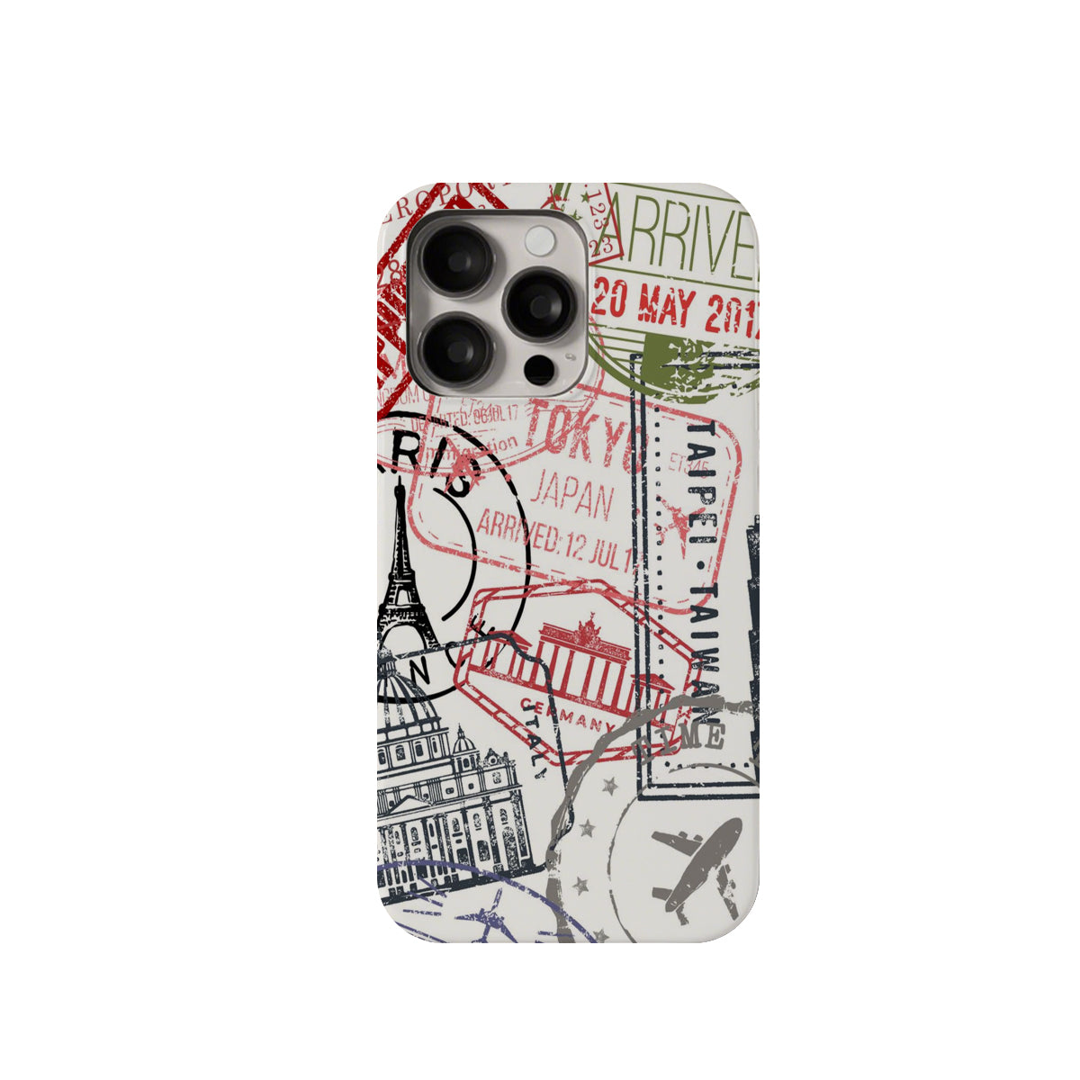Phone case with travel-themed design on a white background