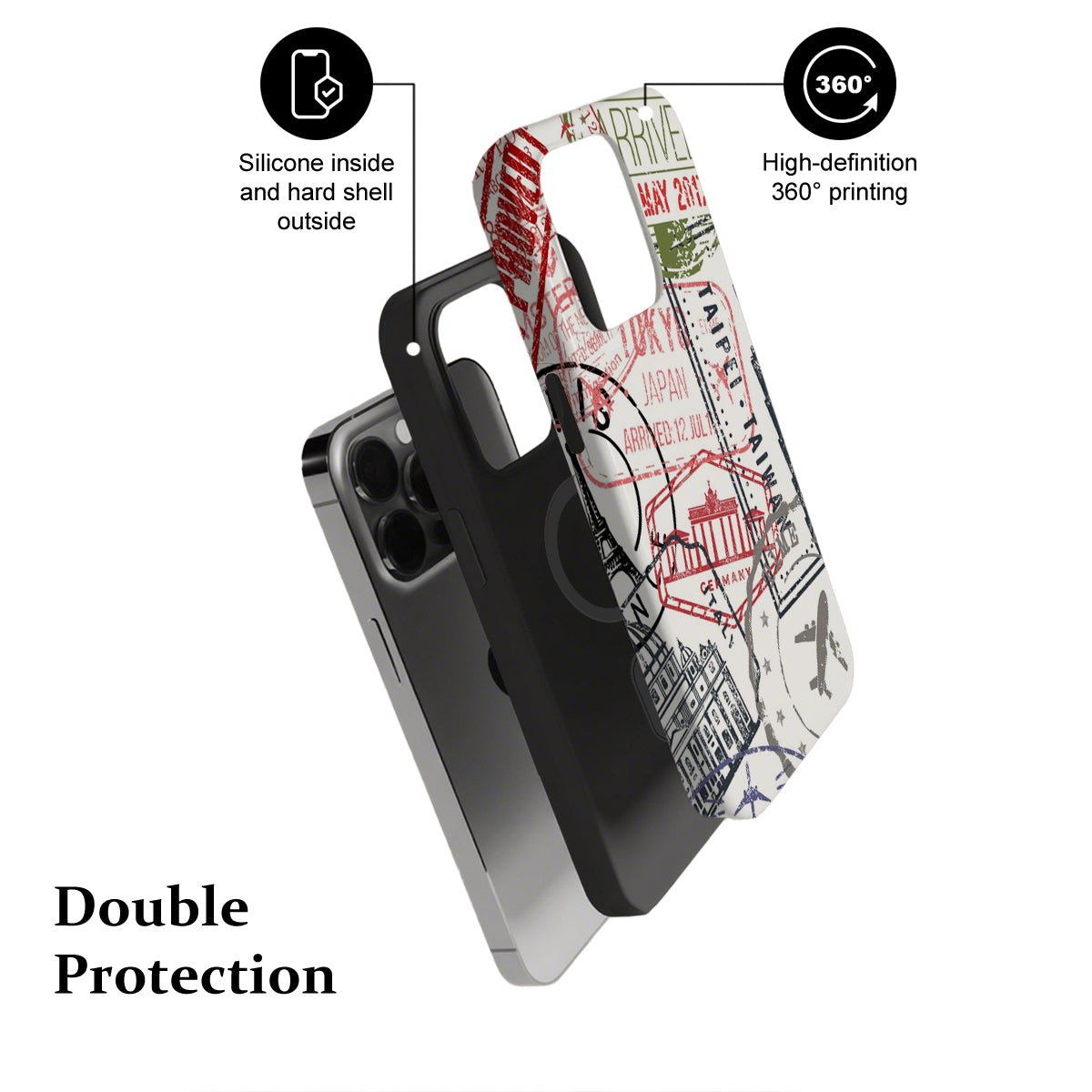 Phone case with design and text, showing features like silicone and hard shell, and 360-degree printing.