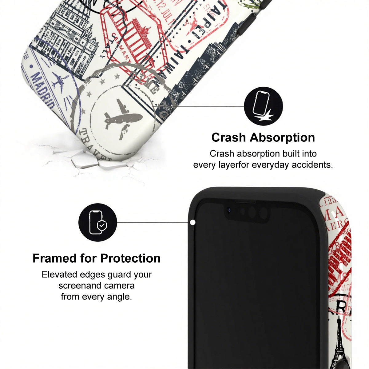 Phone case with crash absorption and protection features on a white background