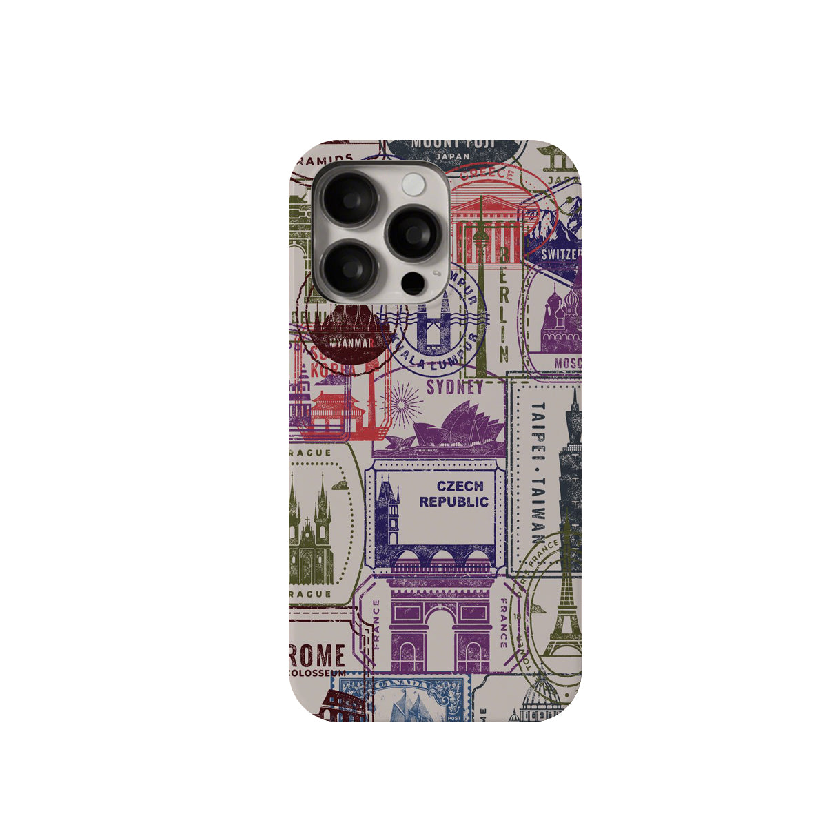 Phone case with world landmarks and city names on a white background
