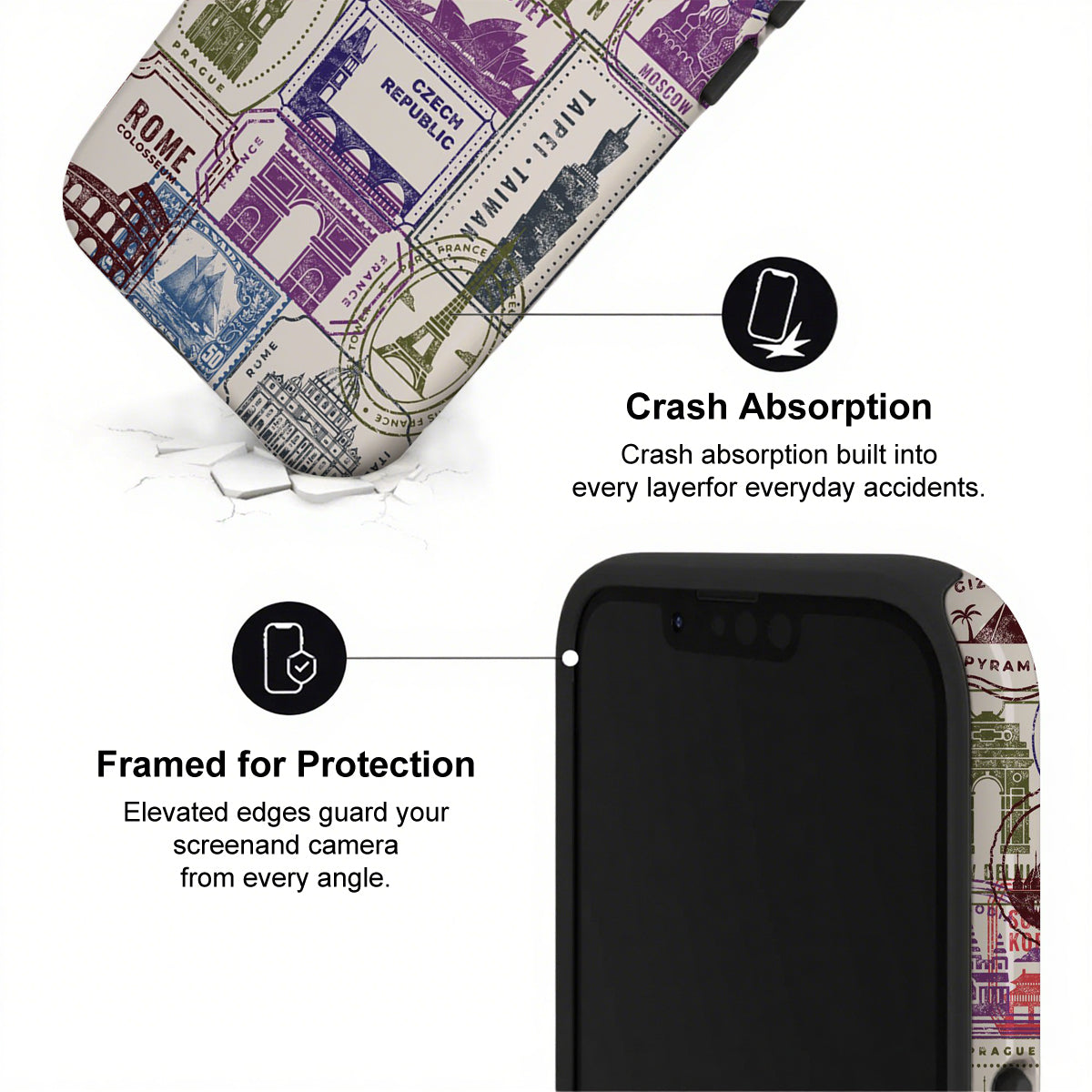 Phone case with travel-themed design and crash absorption features on a white background