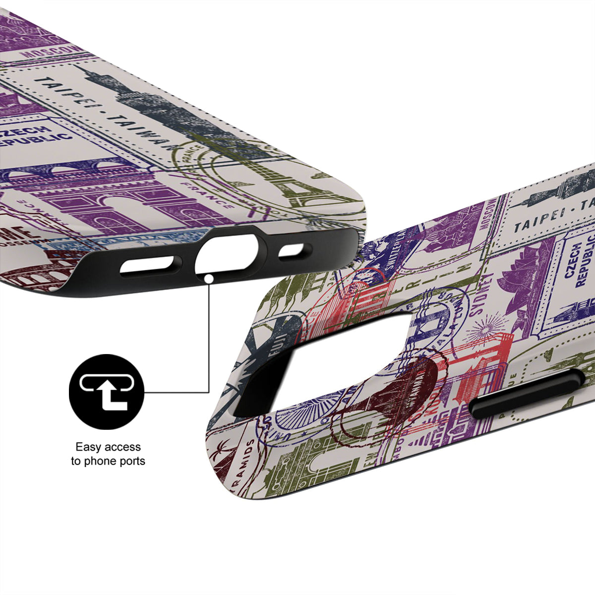 Phone case with travel-themed design and easy access to phone ports feature