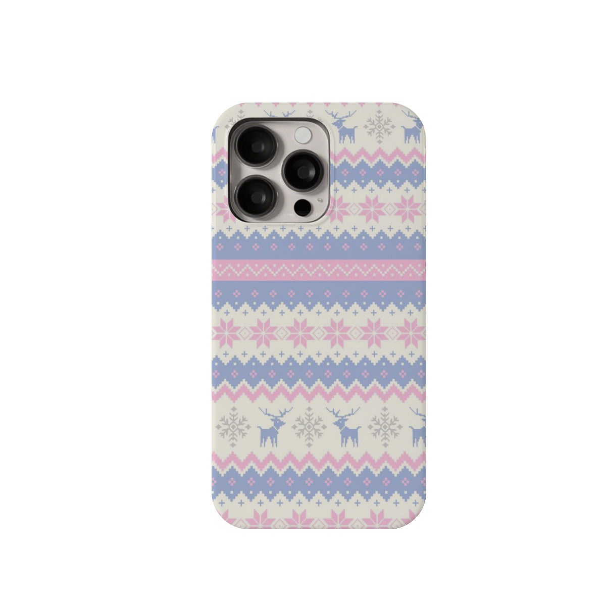 Phone case with a pastel pattern featuring deer and snowflakes on a white background