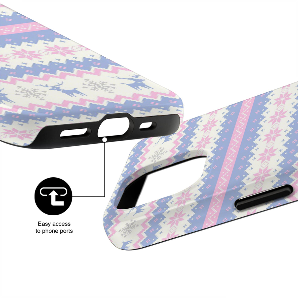 Phone case with geometric pattern and text 'Easy access to phone ports' on a white background