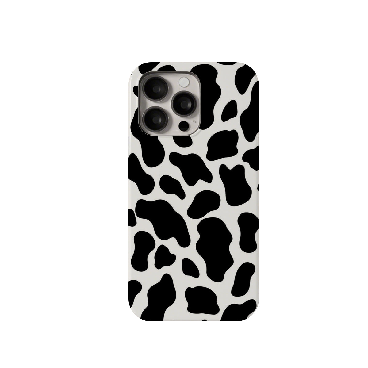 Phone case with black and white cow print pattern on a white background