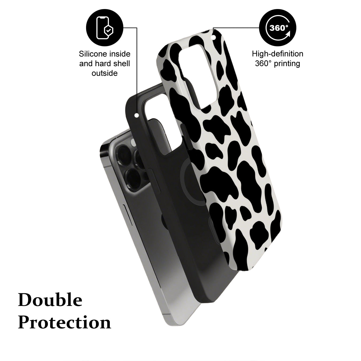 Phone case with cow print design and text highlighting features on a white background