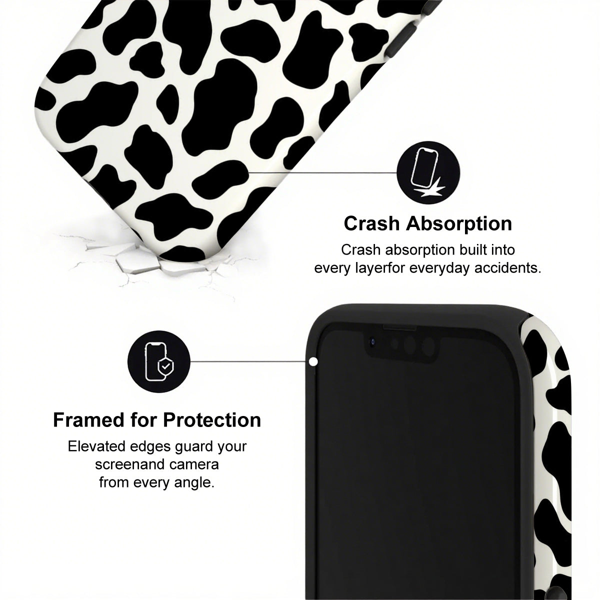 Phone case with cow print design and text highlighting crash absorption and protection features.