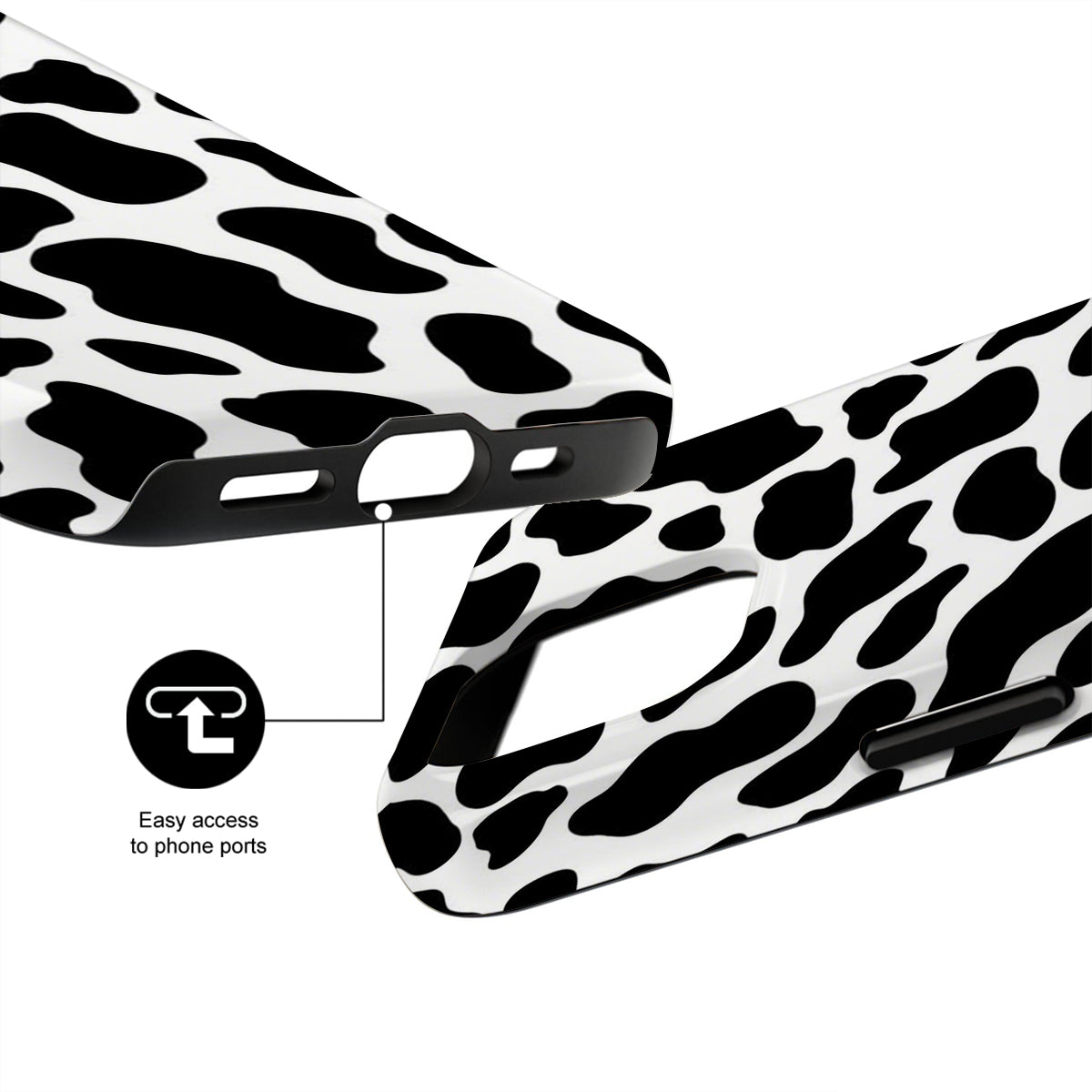 Phone case with black and white cow print pattern on a white background