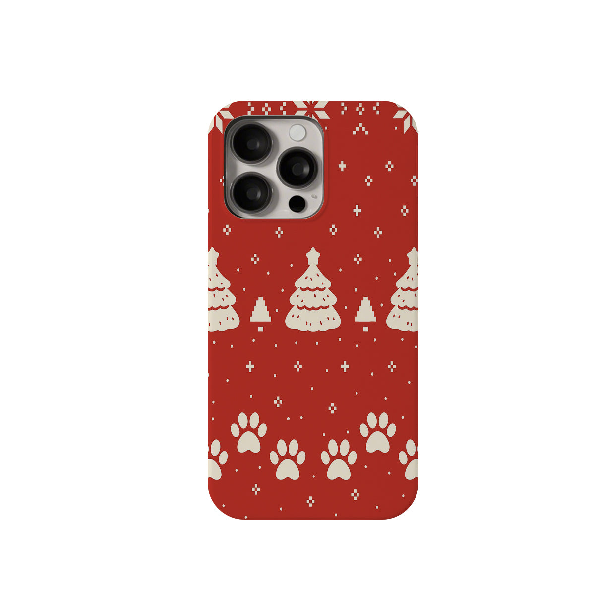 Phone case with Christmas tree and paw print pattern on a red background