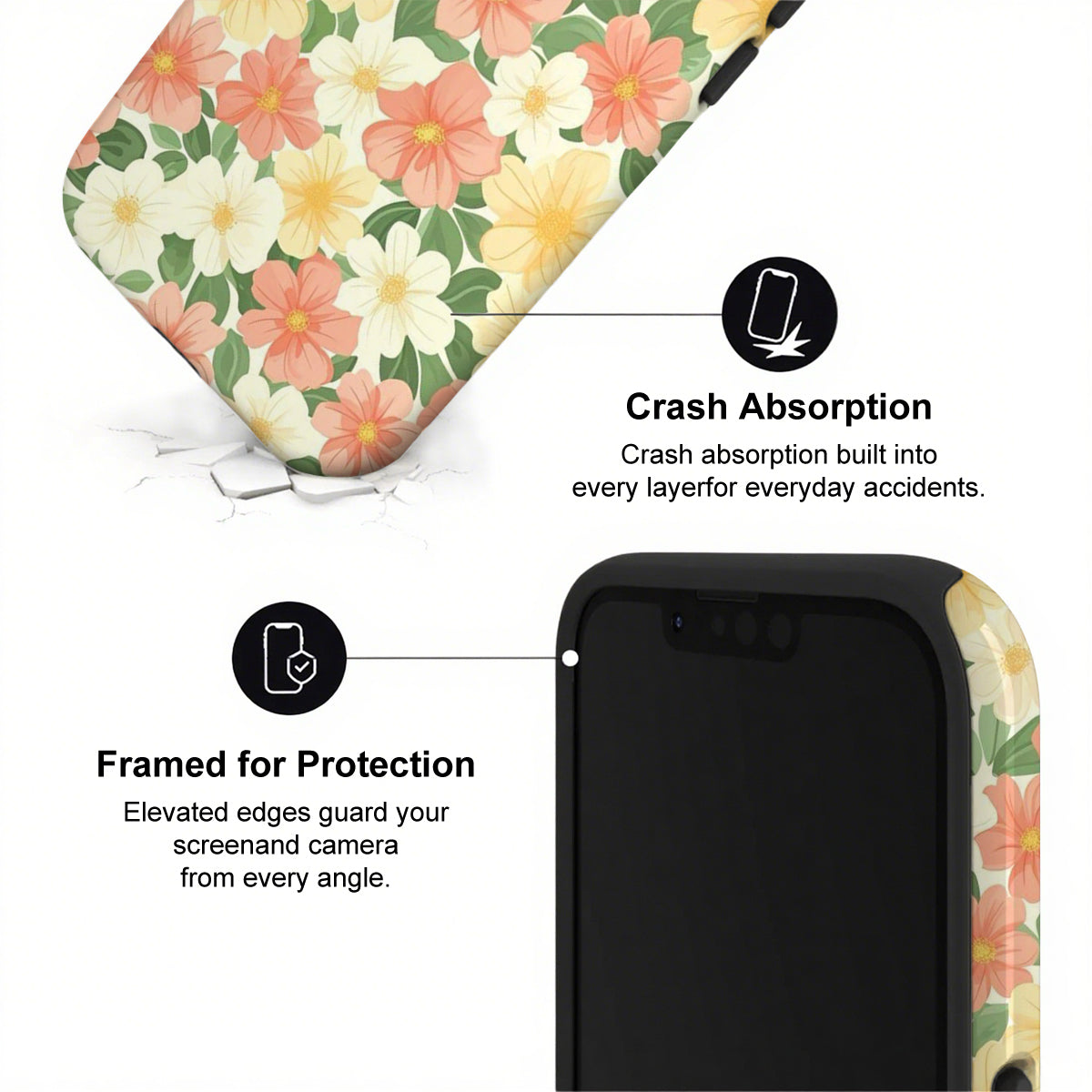 Floral phone case with crash absorption and protection features on a white background