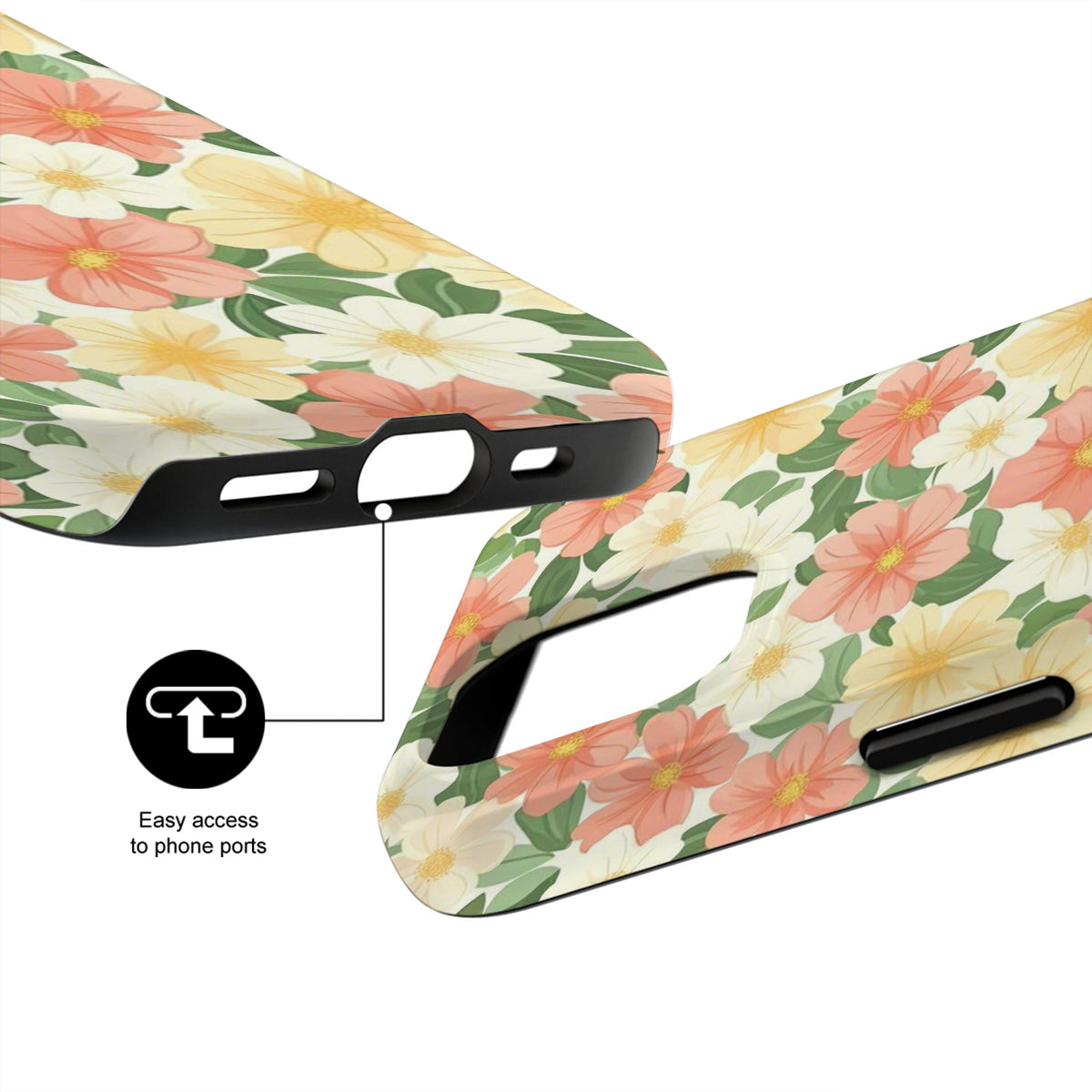 Floral phone case with ports easily accessible design on a white background
