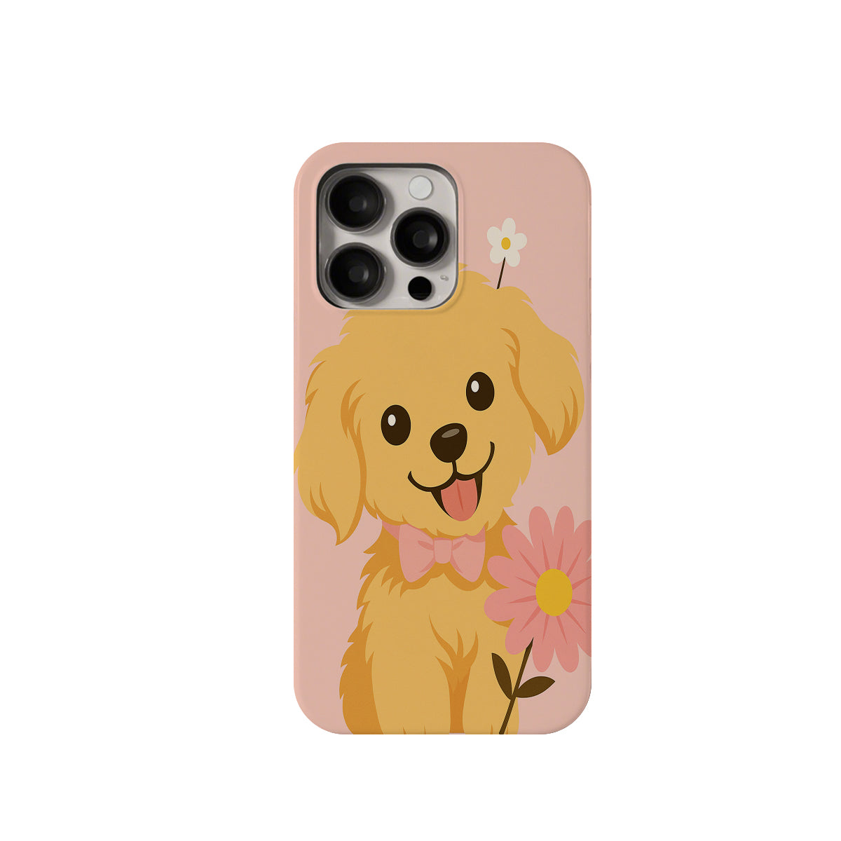 Phone case with a cartoon dog and flower design on a pink background