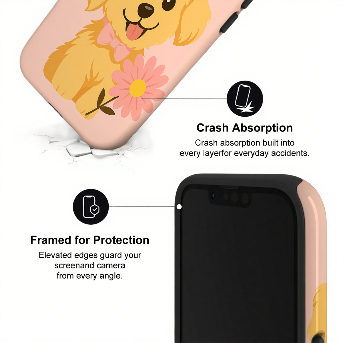 Phone case with dog illustration and text about crash absorption and protection