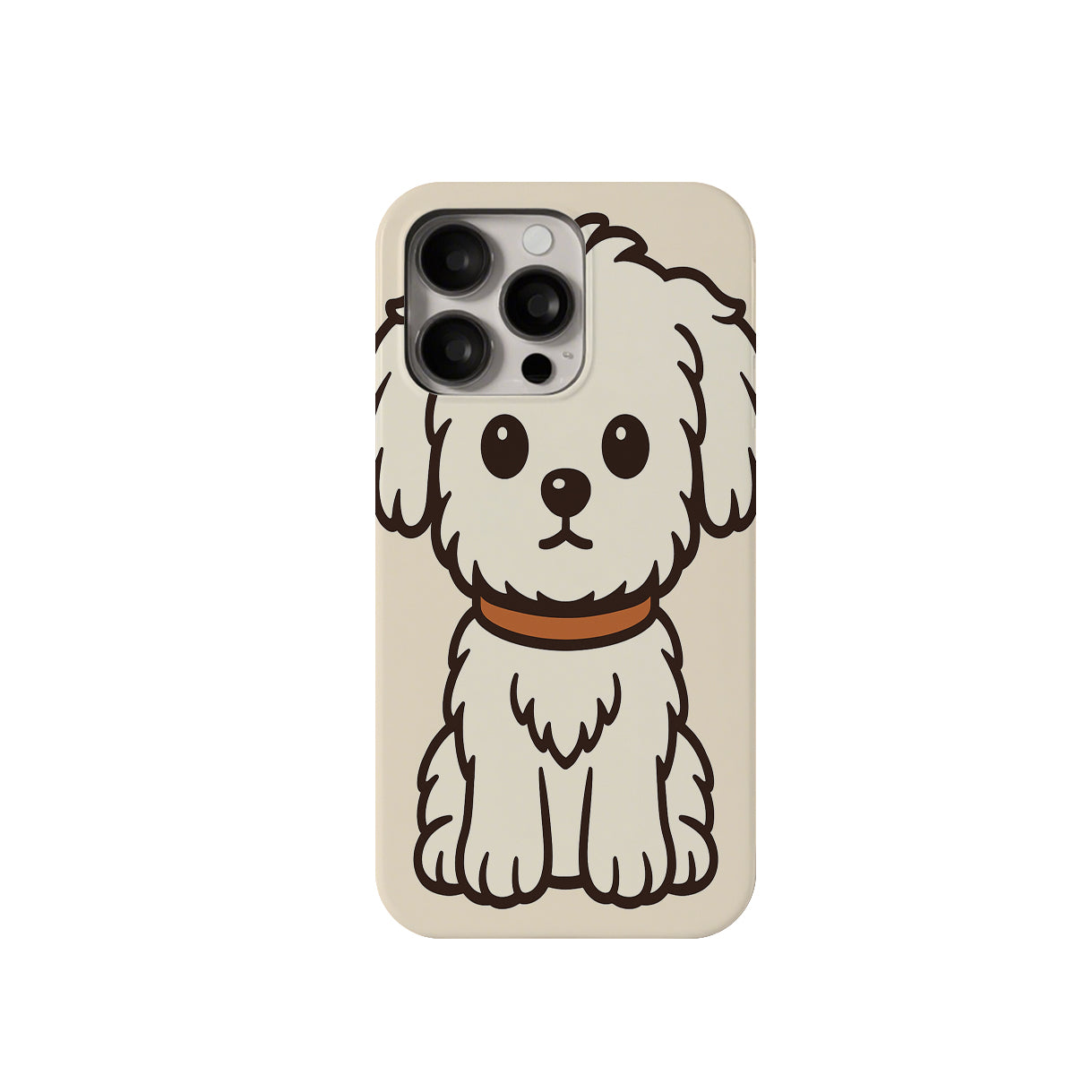 Phone case with a cartoon dog design on a beige background