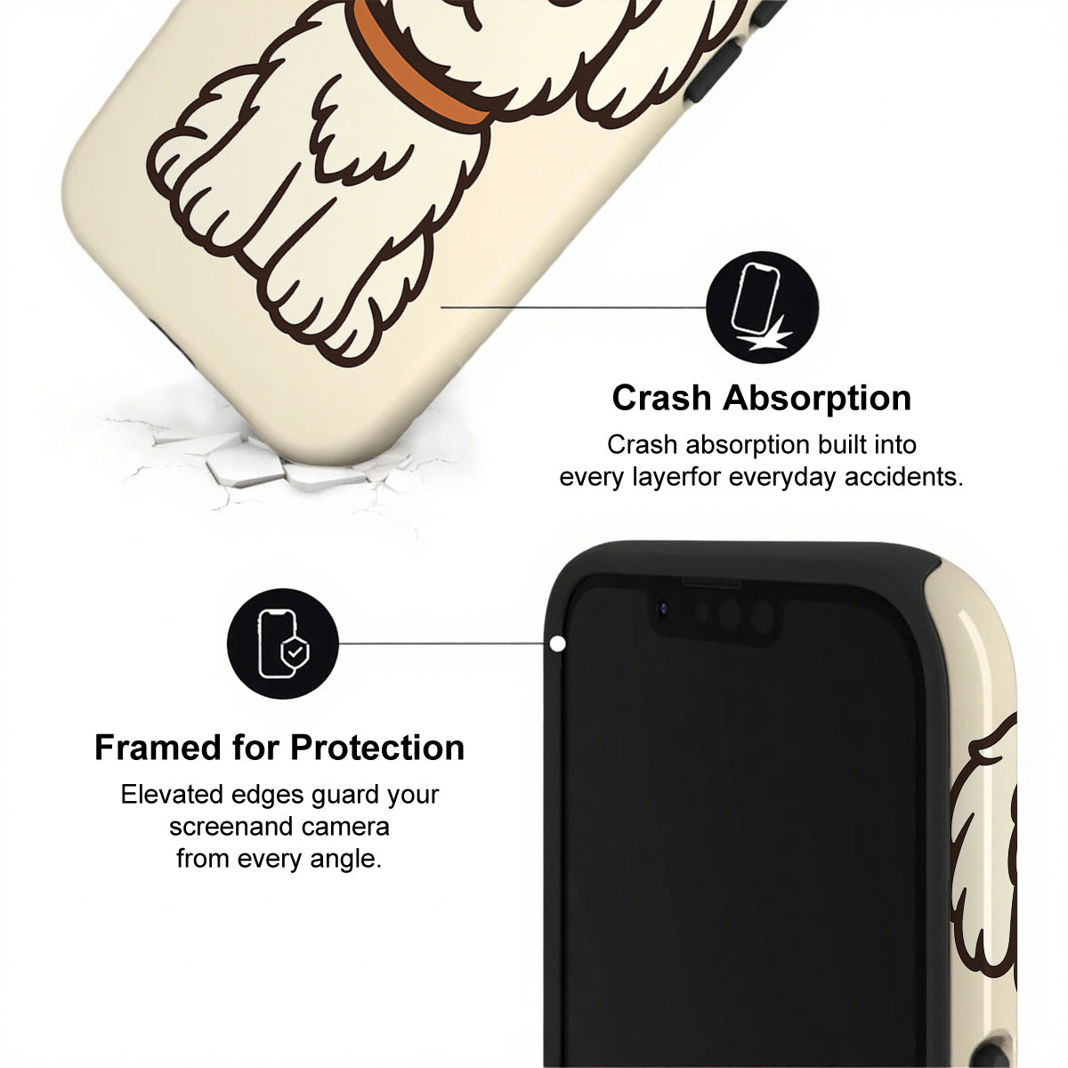 Phone case with dog paw design and text on crash absorption and protection features.