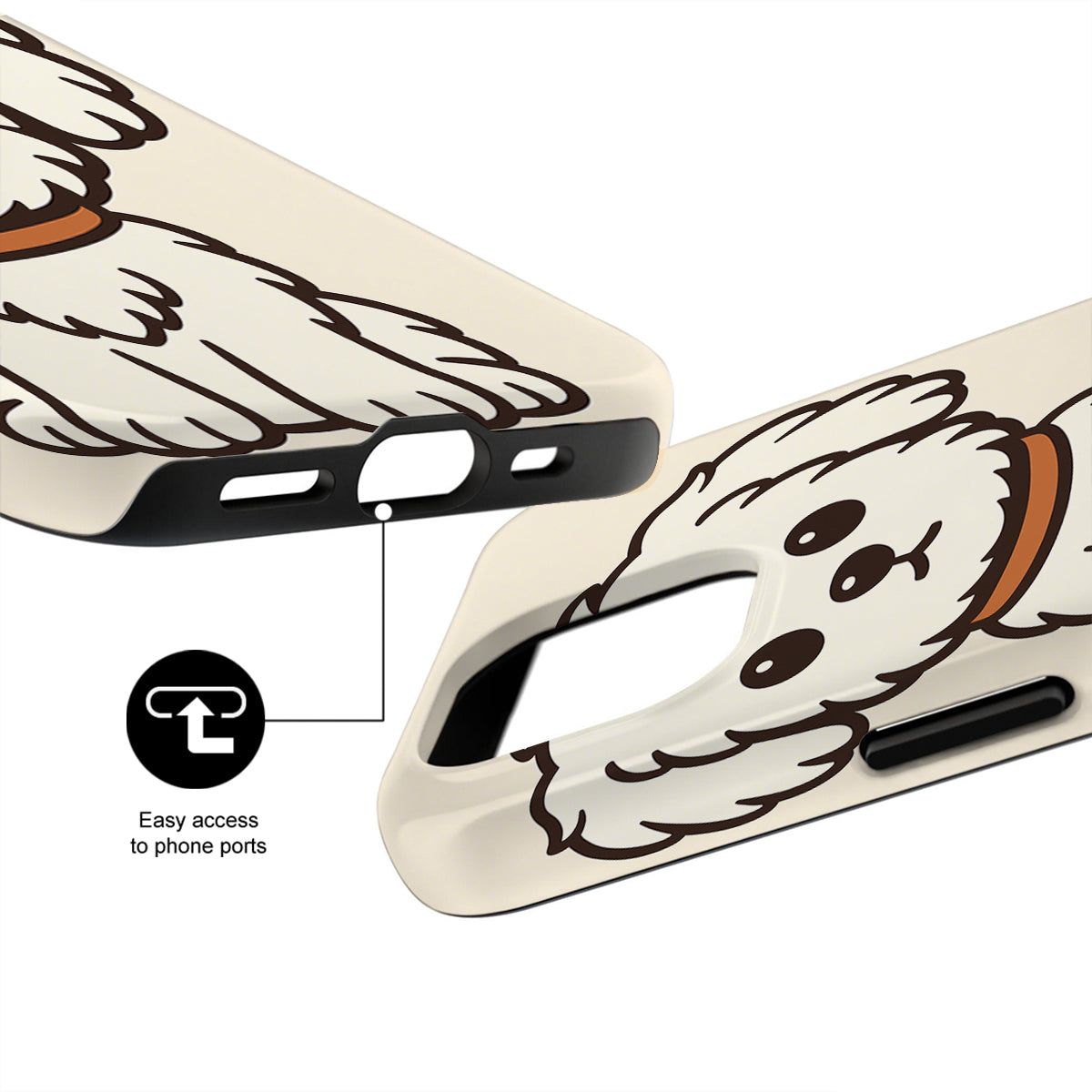 Phone case with cartoon dog design and text 'Easy access to phone ports'.